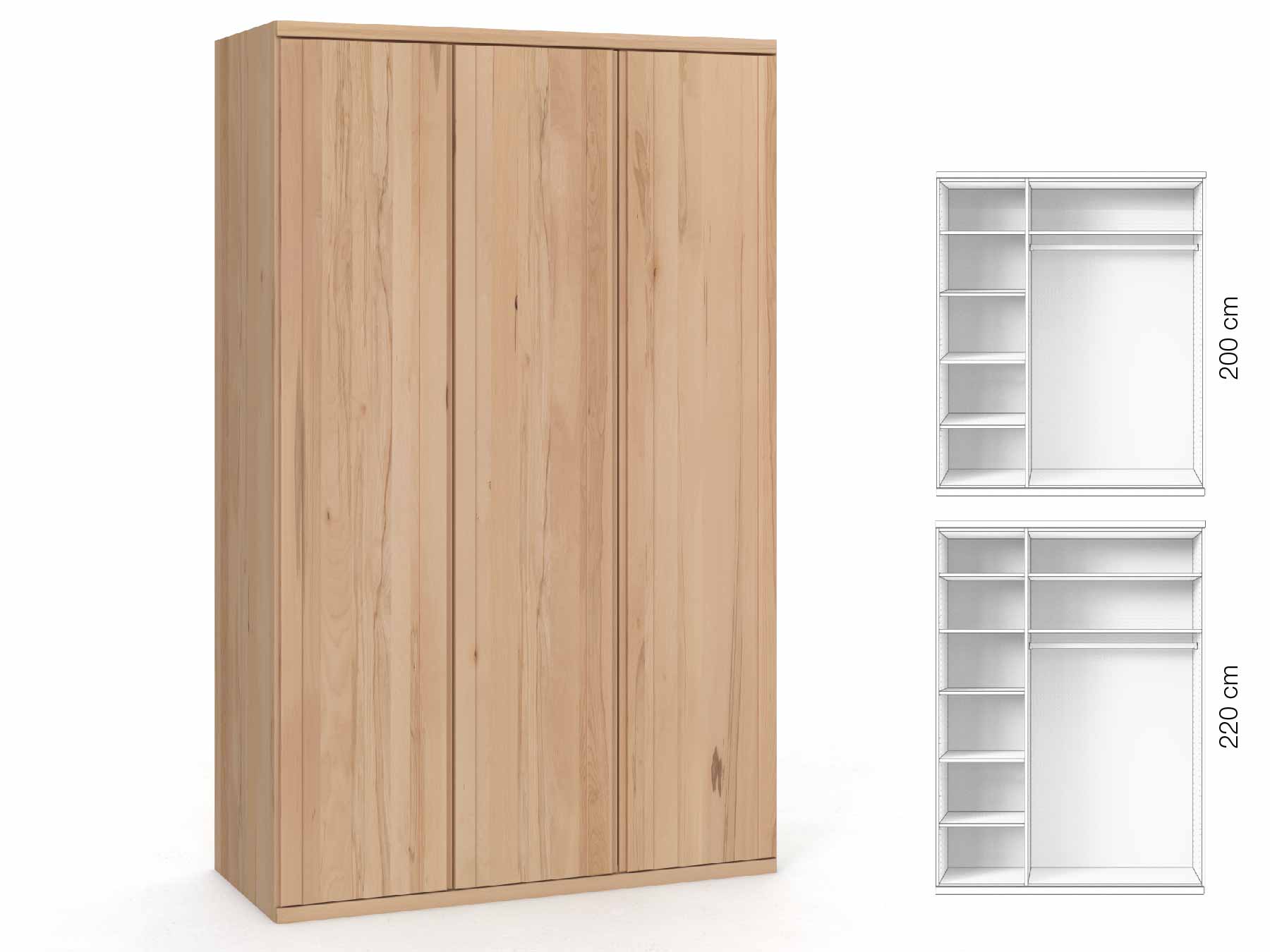 Buchenschrank „Egon“, 3-türig, Höhe 220 cm, Griffausführung „Patrizia“, Inneneinrichtung: B