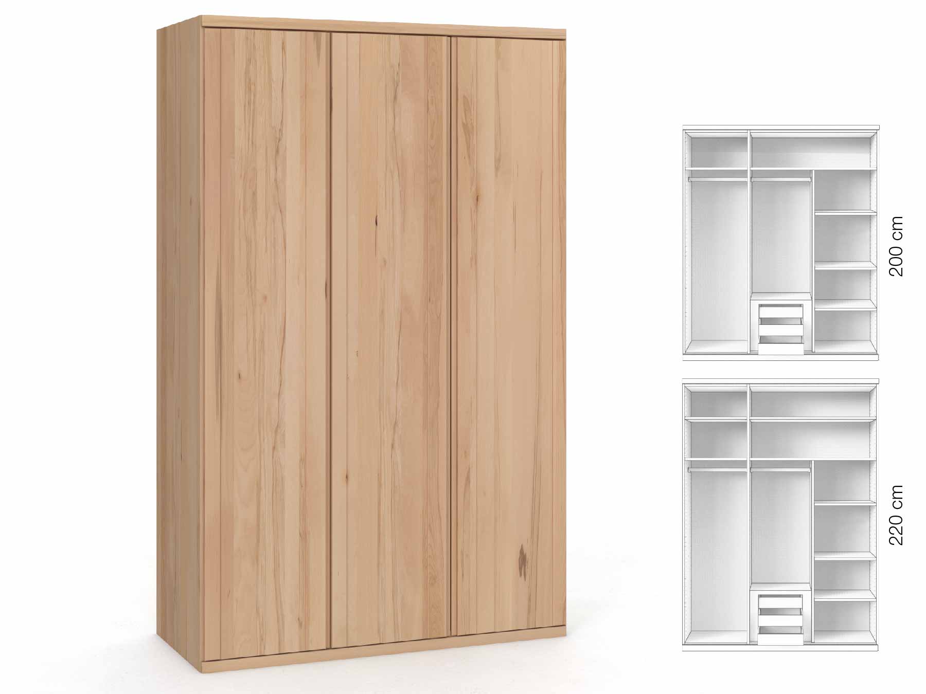 Buchenschrank „Egon“, 3-türig, Höhe 220 cm, Griffausführung „Patrizia“, Inneneinrichtung: D