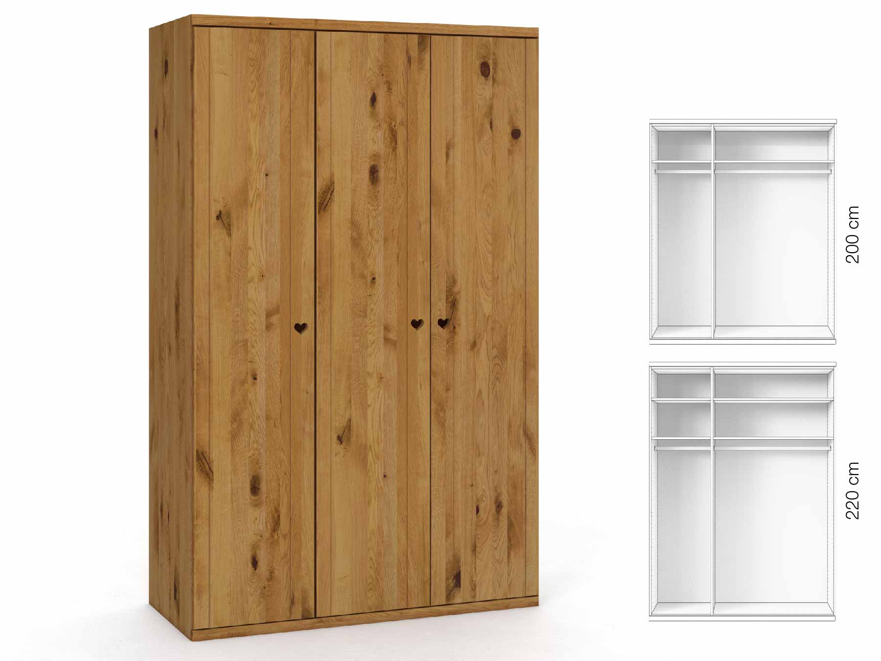 Wildeichenschrank „Egon“, 3-türig, Höhe 220 cm, Griffausführung „Heidi“, Inneneinrichtung: A