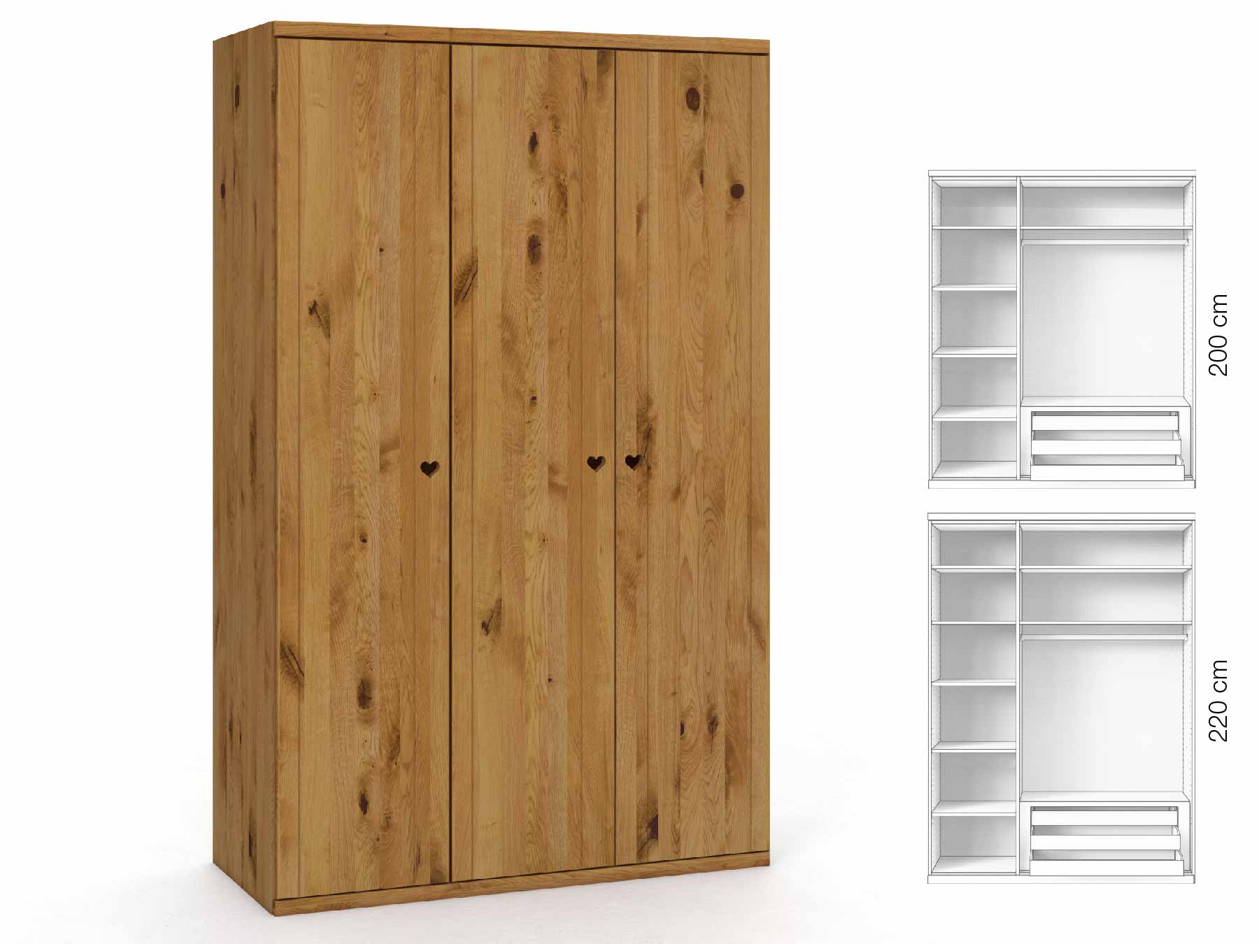 Wildeichenschrank „Egon“, 3-türig, Höhe 220 cm, Griffausführung „Heidi“, Inneneinrichtung: C