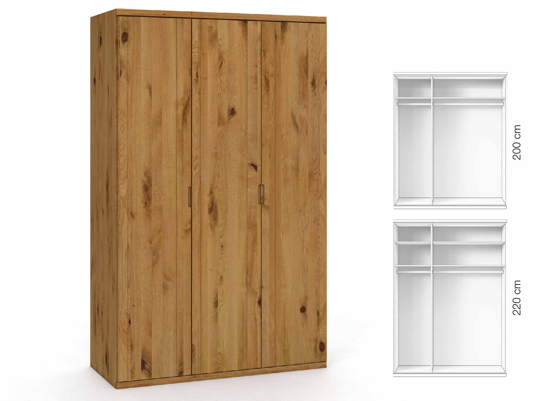 Wildeichenschrank „Egon“, 3-türig, Höhe 220 cm, Griffausführung „Lukas“, Inneneinrichtung: A