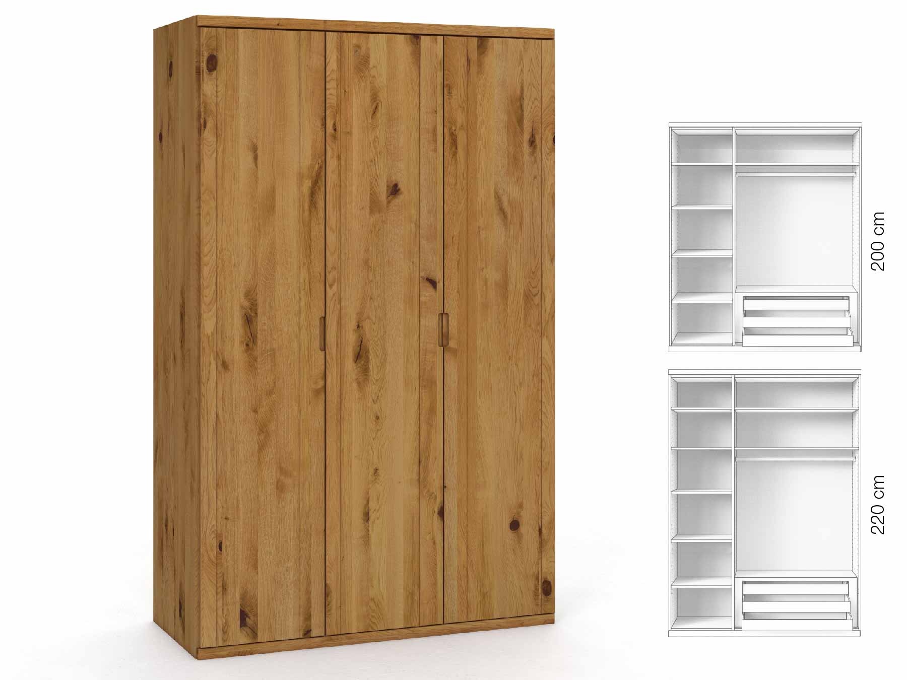 Wildeichenschrank „Egon“, 3-türig, Höhe 220 cm, Griffausführung „Lukas“, Inneneinrichtung: C