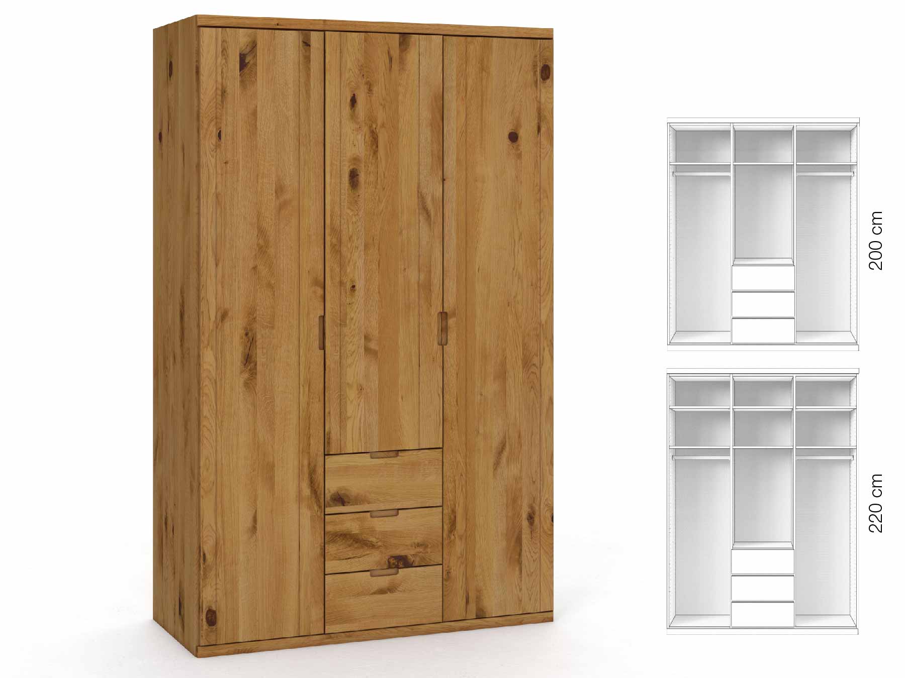 Wildeichenschrank „Egon“, 3-türig, Höhe 220 cm, Griffausführung „Lukas“, Inneneinrichtung: E