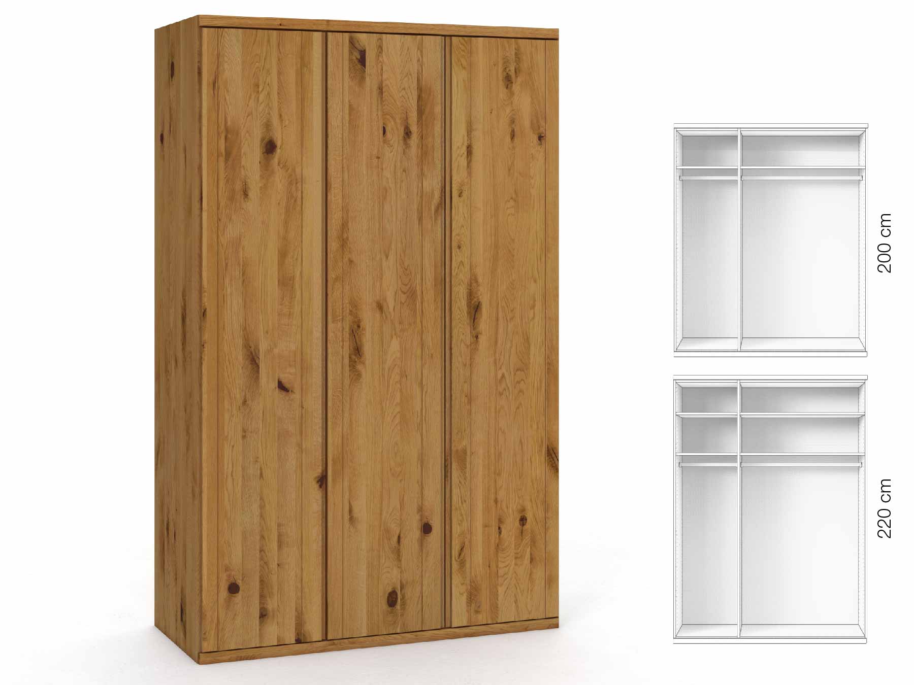 Wildeichenschrank „Egon“, 3-türig, Höhe 220 cm, Griffausführung „Patrizia“, Inneneinrichtung: A