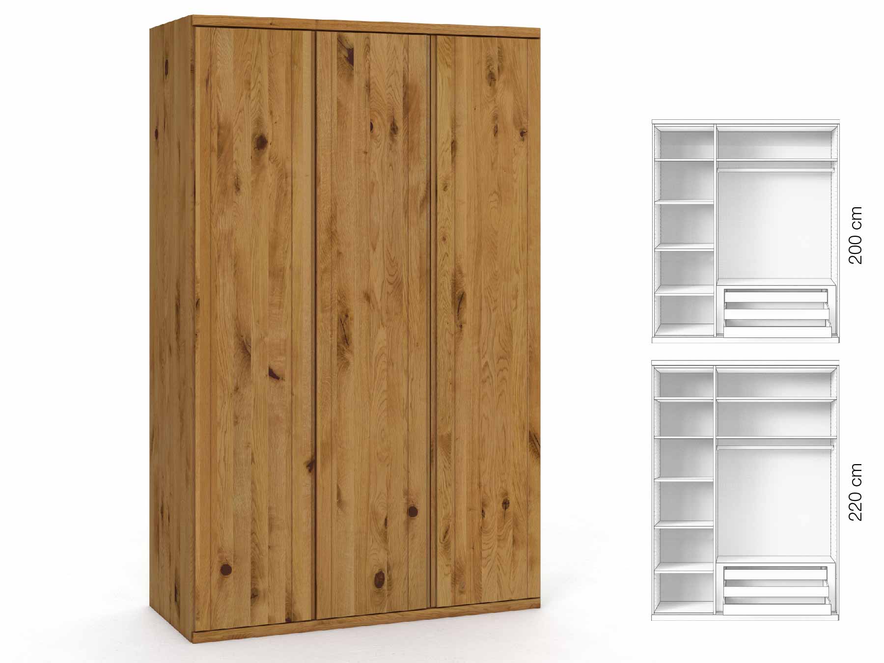 Wildeichenschrank „Egon“, 3-türig, Höhe 220 cm, Griffausführung „Patrizia“, Inneneinrichtung: C