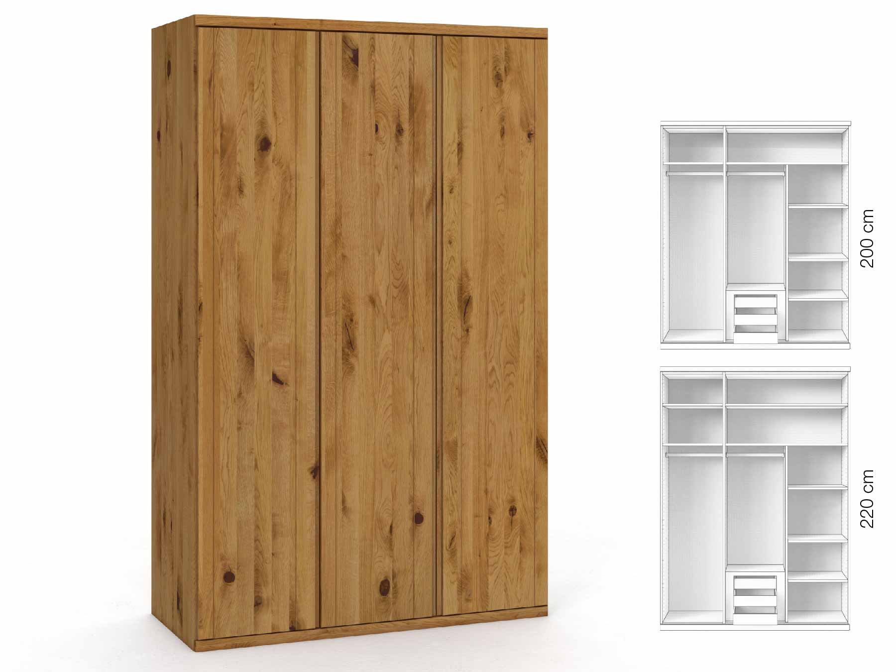 Wildeichenschrank „Egon“, 3-türig, Höhe 220 cm, Griffausführung „Patrizia“, Inneneinrichtung: D