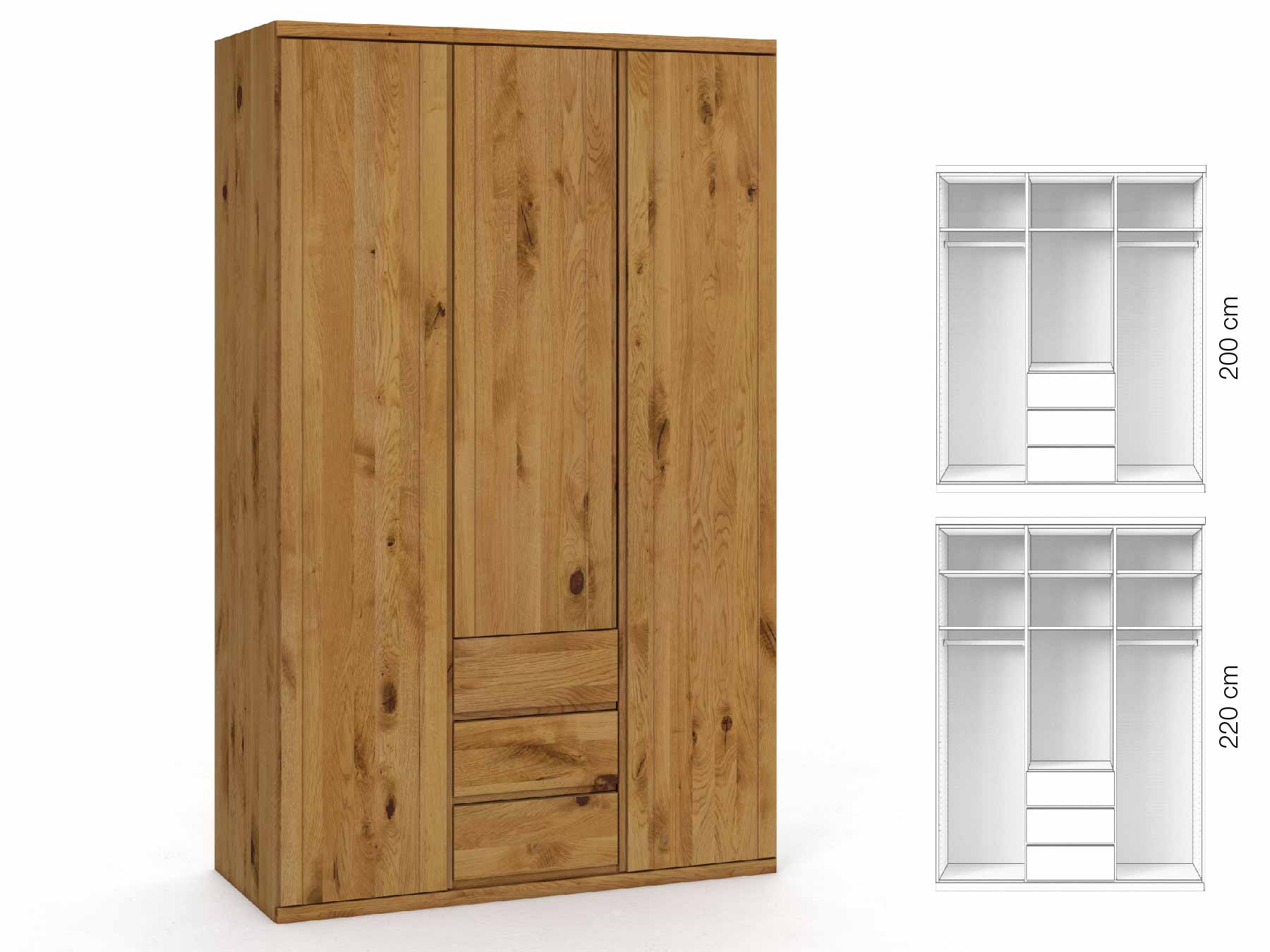 Wildeichenschrank „Egon“, 3-türig, Höhe 220 cm, Griffausführung „Patrizia“, Inneneinrichtung: E