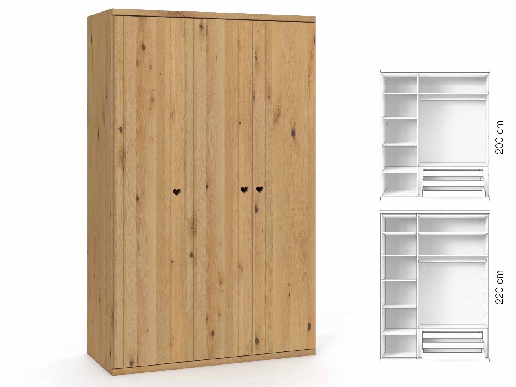 Wildeichenschrank Hell „Egon“, 3-türig, Höhe 220 cm, Griffausführung „Heidi“, Inneneinrichtung: C