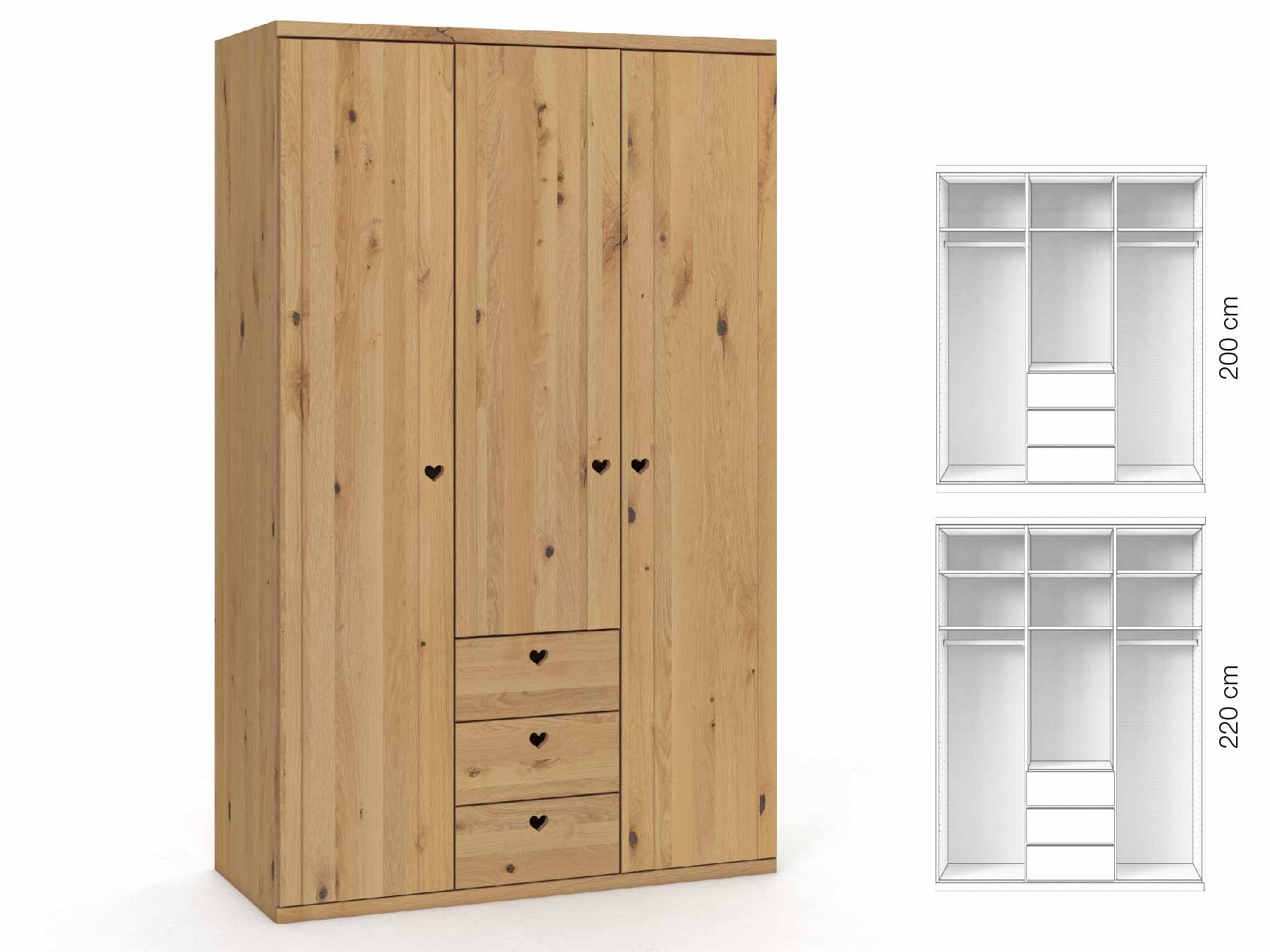 Wildeichenschrank Hell „Egon“, 3-türig, Höhe 220 cm, Griffausführung „Heidi“, Inneneinrichtung: E