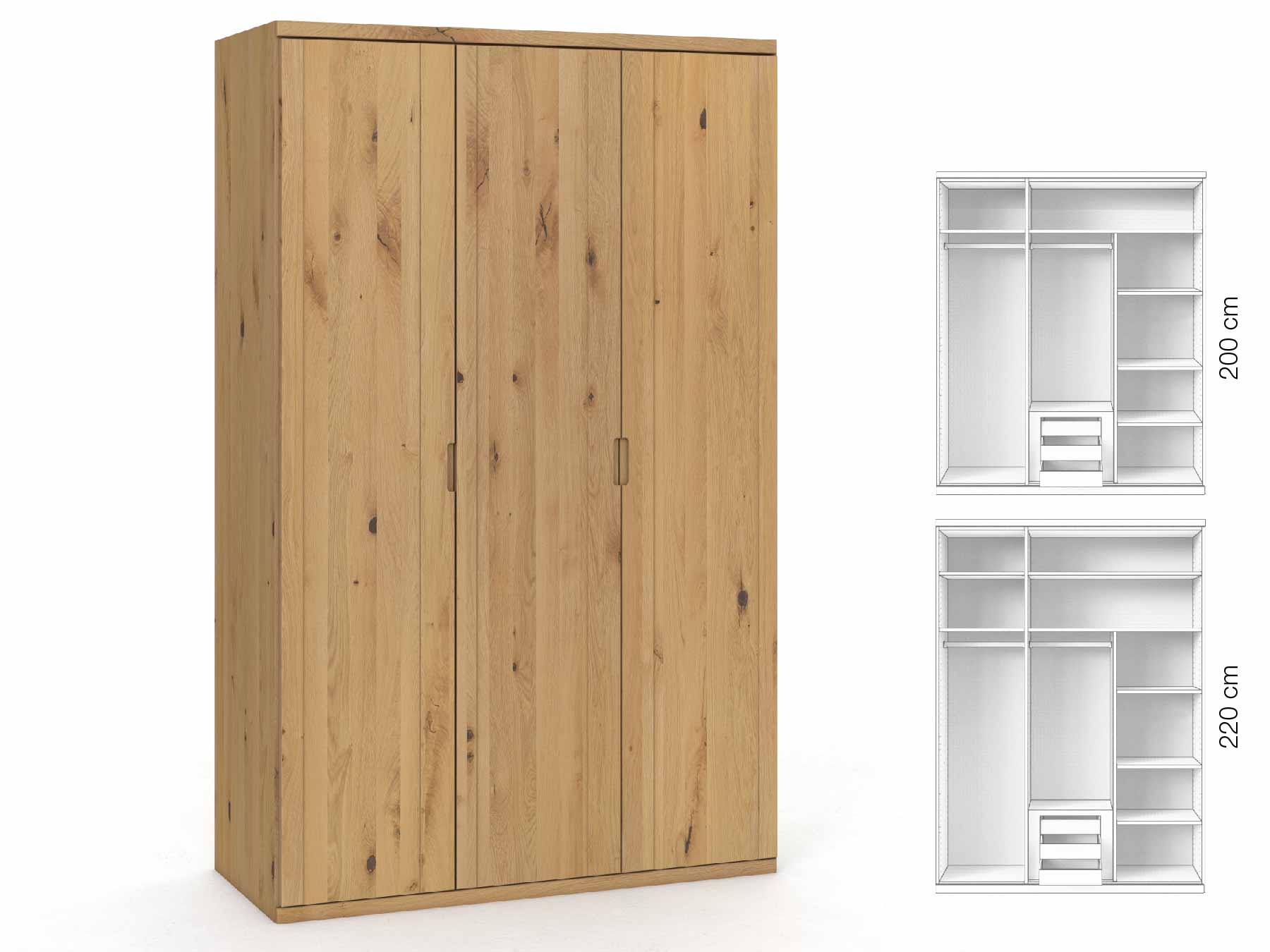 Wildeichenschrank Hell „Egon“, 3-türig, Höhe 220 cm, Griffausführung „Lukas“, Inneneinrichtung: D