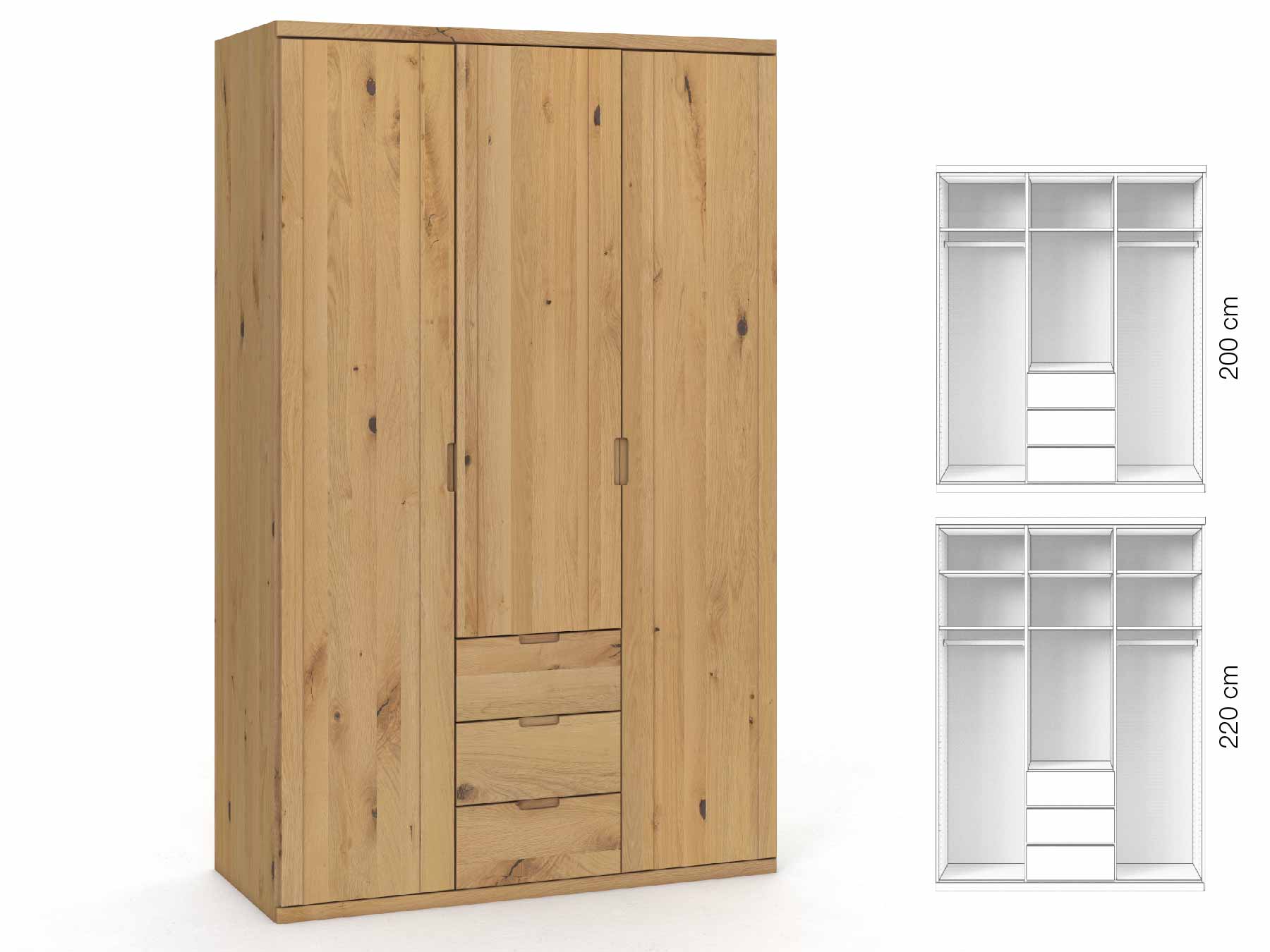 Wildeichenschrank Hell „Egon“, 3-türig, Höhe 220 cm, Griffausführung „Lukas“, Inneneinrichtung: E