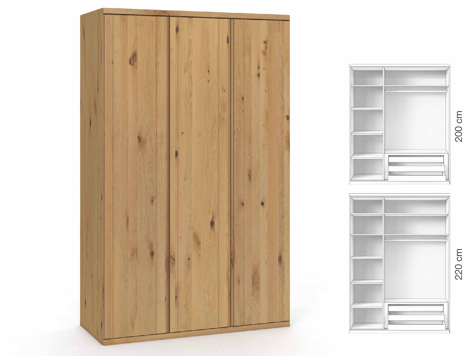 Wildeichenschrank Hell „Egon“, 3-türig, Höhe 220 cm, Griffausführung „Patrizia“, Inneneinrichtung: C