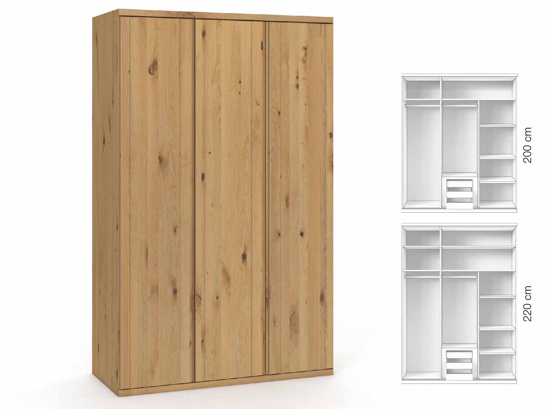 Wildeichenschrank Hell „Egon“, 3-türig, Höhe 220 cm, Griffausführung „Patrizia“, Inneneinrichtung: D