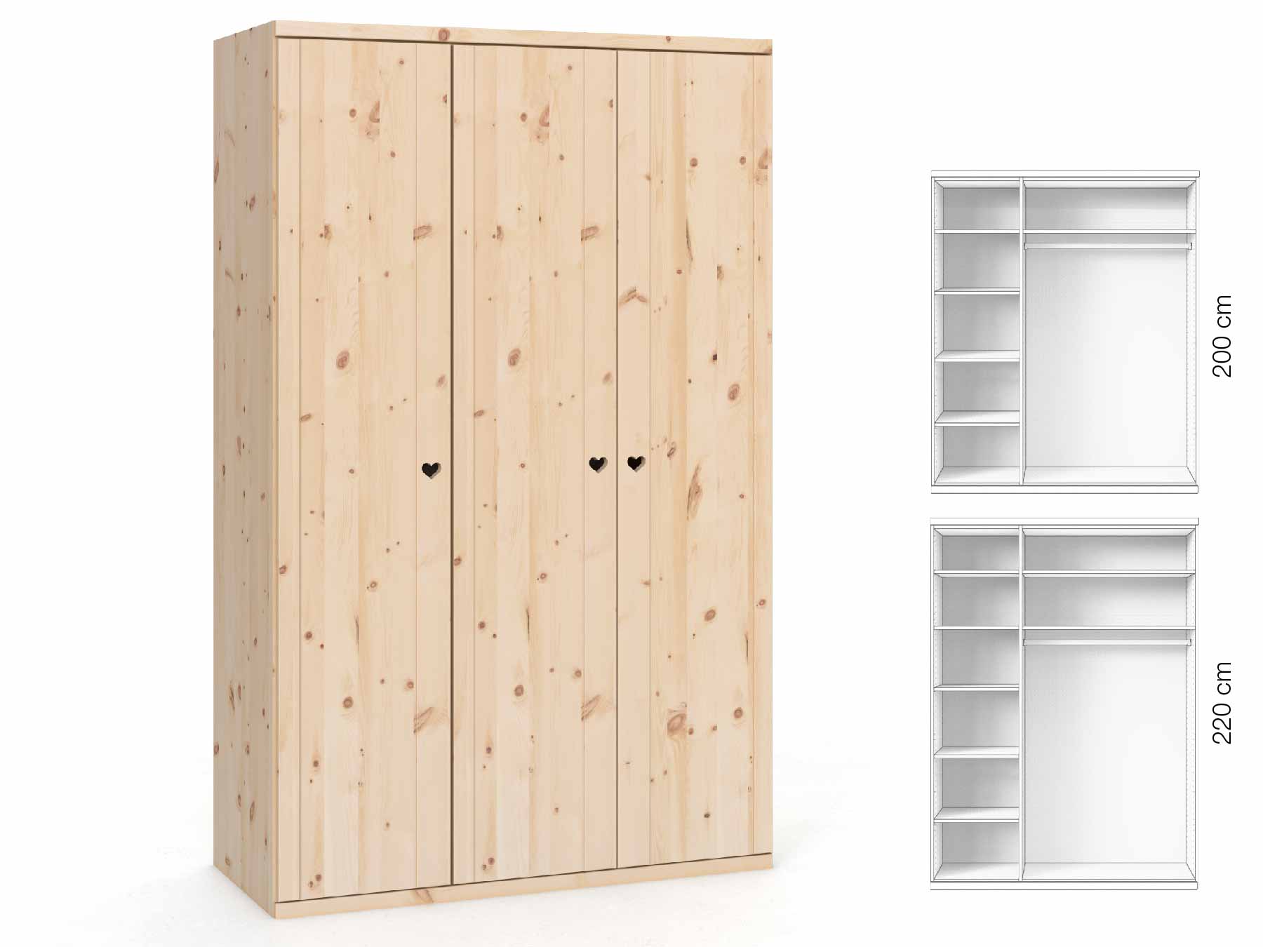Zirbenschrank „Egon“, 3-türig, Höhe 220 cm, Griffausführung „Heidi“, Inneneinrichtung: B