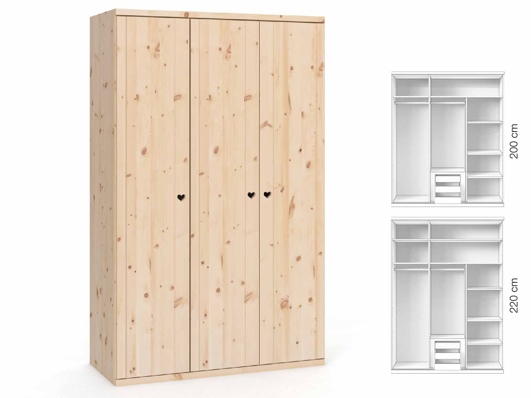 Zirbenschrank „Egon“, 3-türig, Höhe 220 cm, Griffausführung „Heidi“, Inneneinrichtung: D