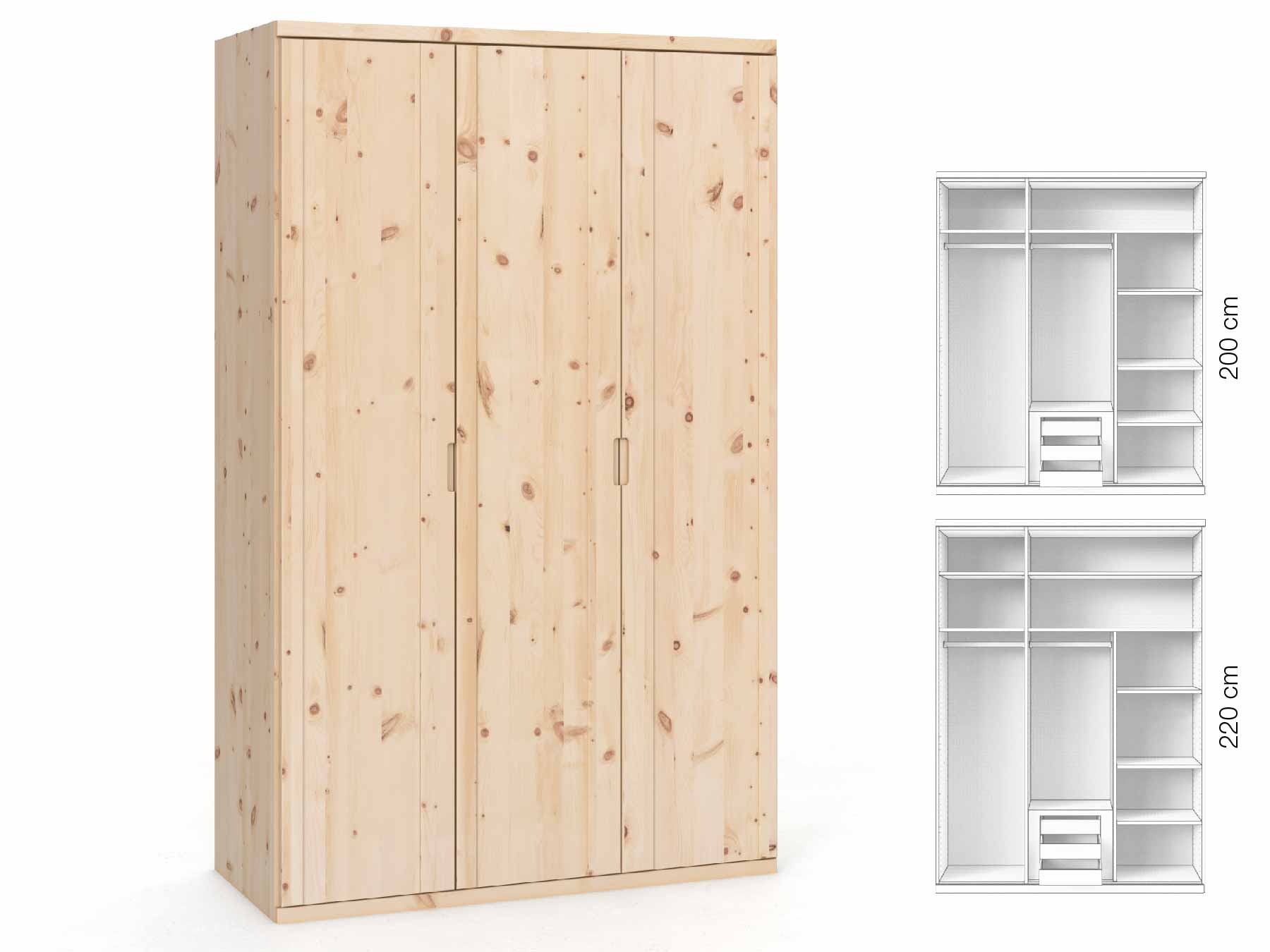 Zirbenschrank „Egon“, 3-türig, Höhe 220 cm, Griffausführung „Lukas“, Inneneinrichtung: D