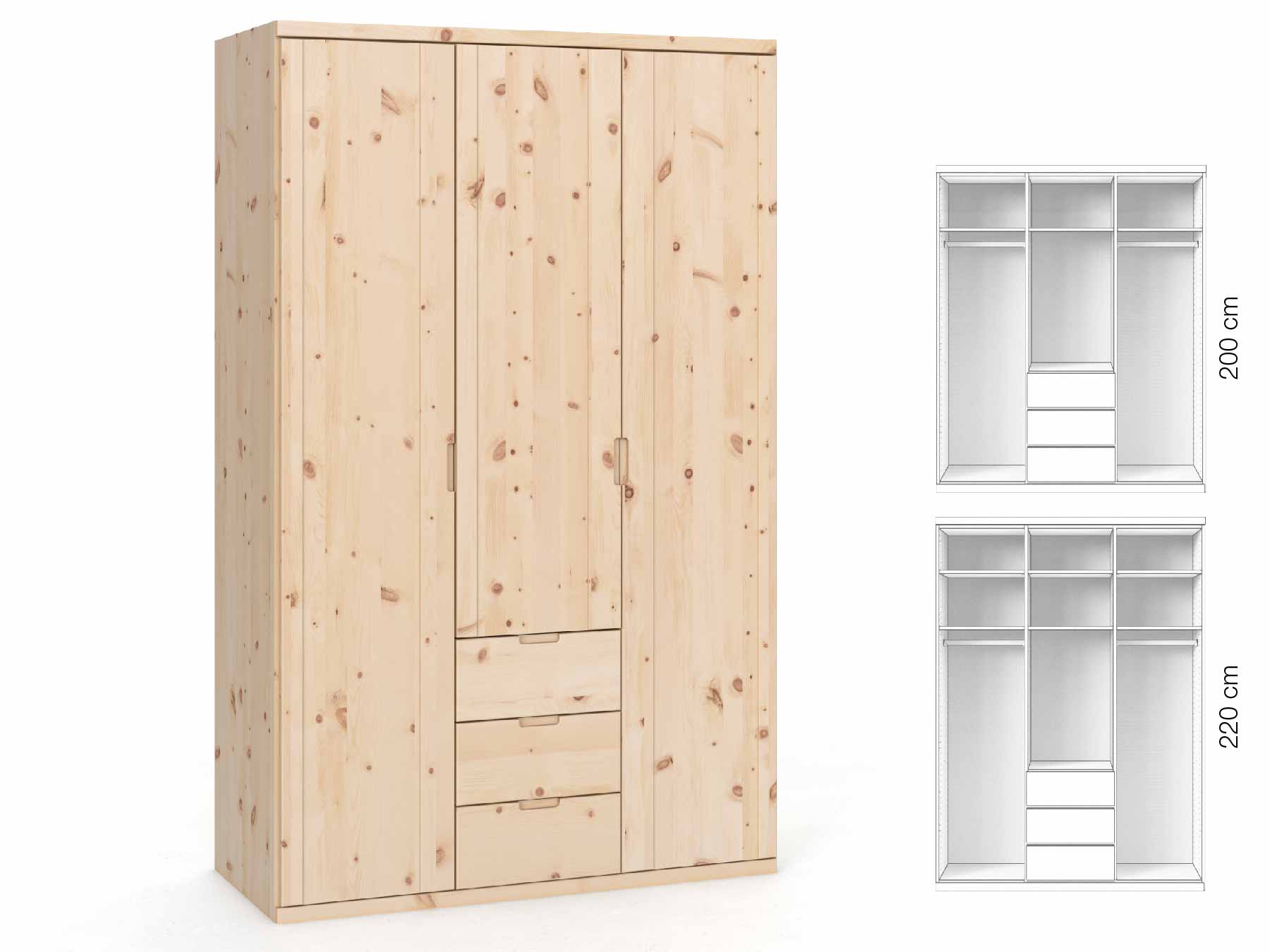 Zirbenschrank „Egon“, 3-türig, Höhe 220 cm, Griffausführung „Lukas“, Inneneinrichtung: E