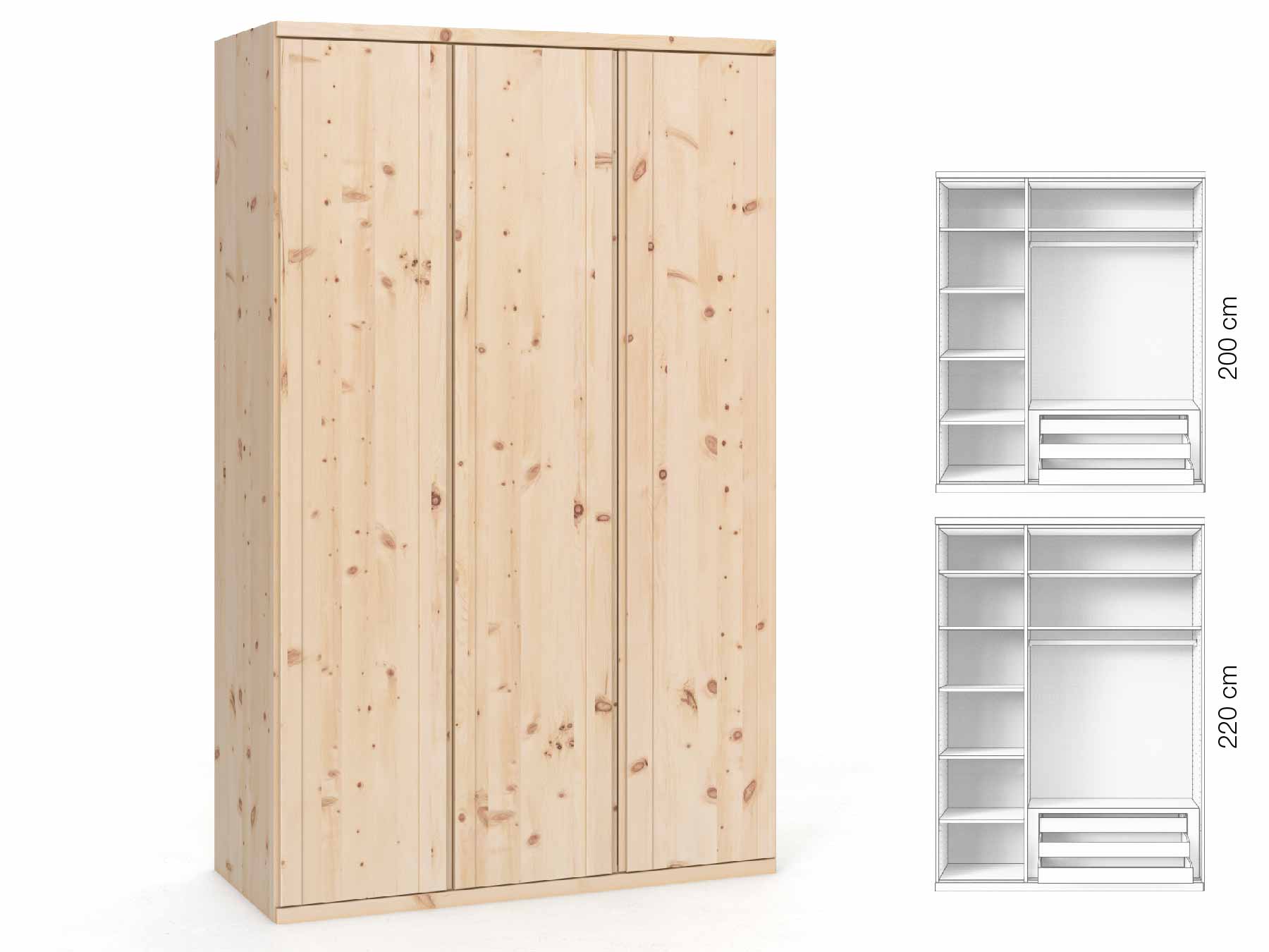 Zirbenschrank „Egon“, 3-türig, Höhe 220 cm, Griffausführung „Patrizia“, Inneneinrichtung: C