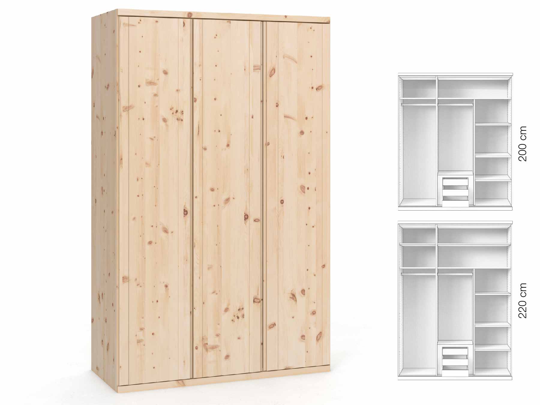 Zirbenschrank „Egon“, 3-türig, Höhe 220 cm, Griffausführung „Patrizia“, Inneneinrichtung: D