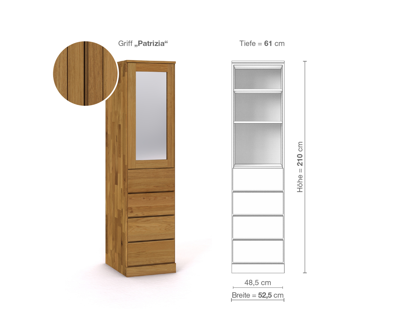 Eichenschrank „Alpenrose“, 1-türig, Höhe 210 cm, Griffausführung „Patrizia“, Inneneinrichtung D, Türanschlag links