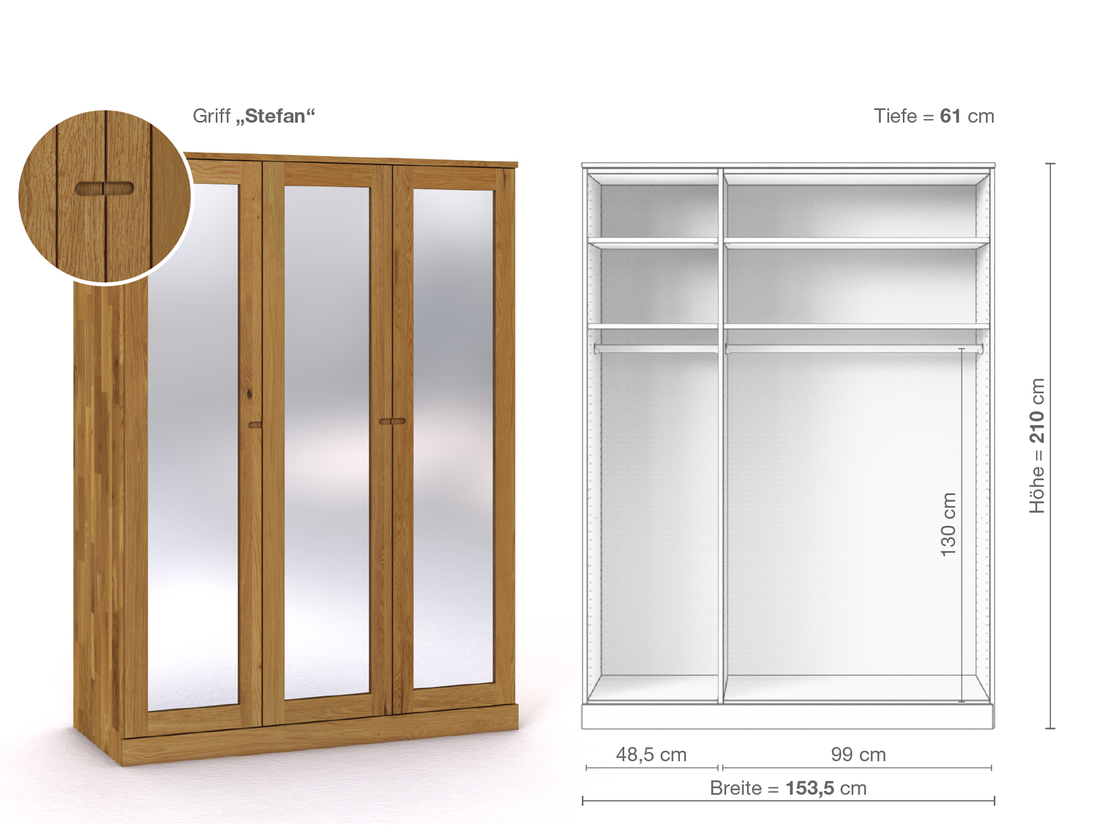 Eichenschrank „Alpenrose“, 3-türig, Höhe 210 cm, Griffausführung „Stefan“, Inneneinrichtung A