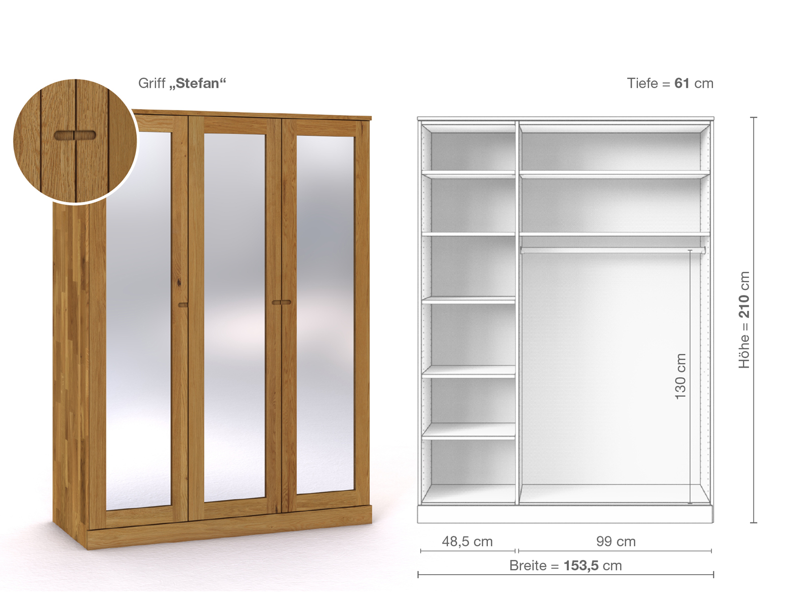 Eichenschrank „Alpenrose“, 3-türig, Höhe 210 cm, Griffausführung „Stefan“, Inneneinrichtung B