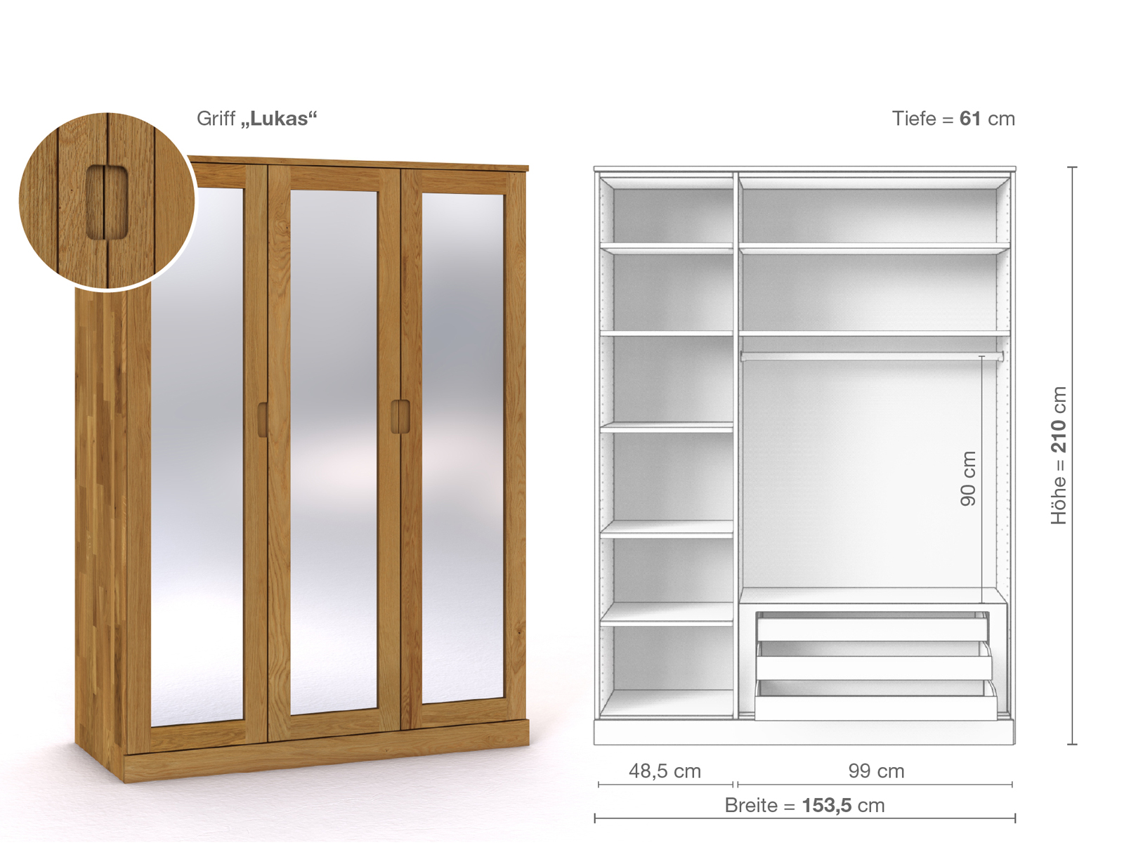 Eichenschrank „Alpenrose“, 3-türig, Höhe 210 cm, Griffausführung „Lukas“, Inneneinrichtung C