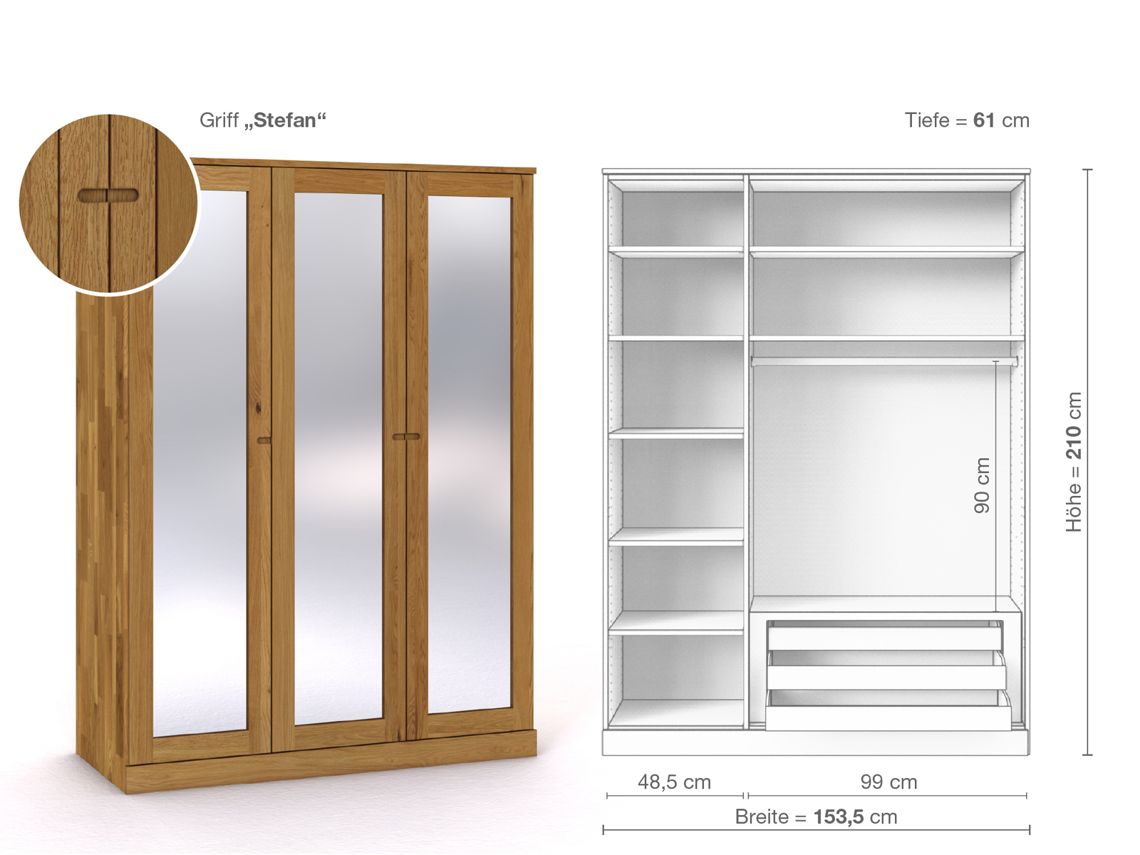 Eichenschrank „Alpenrose“, 3-türig, Höhe 210 cm, Griffausführung „Stefan“, Inneneinrichtung C