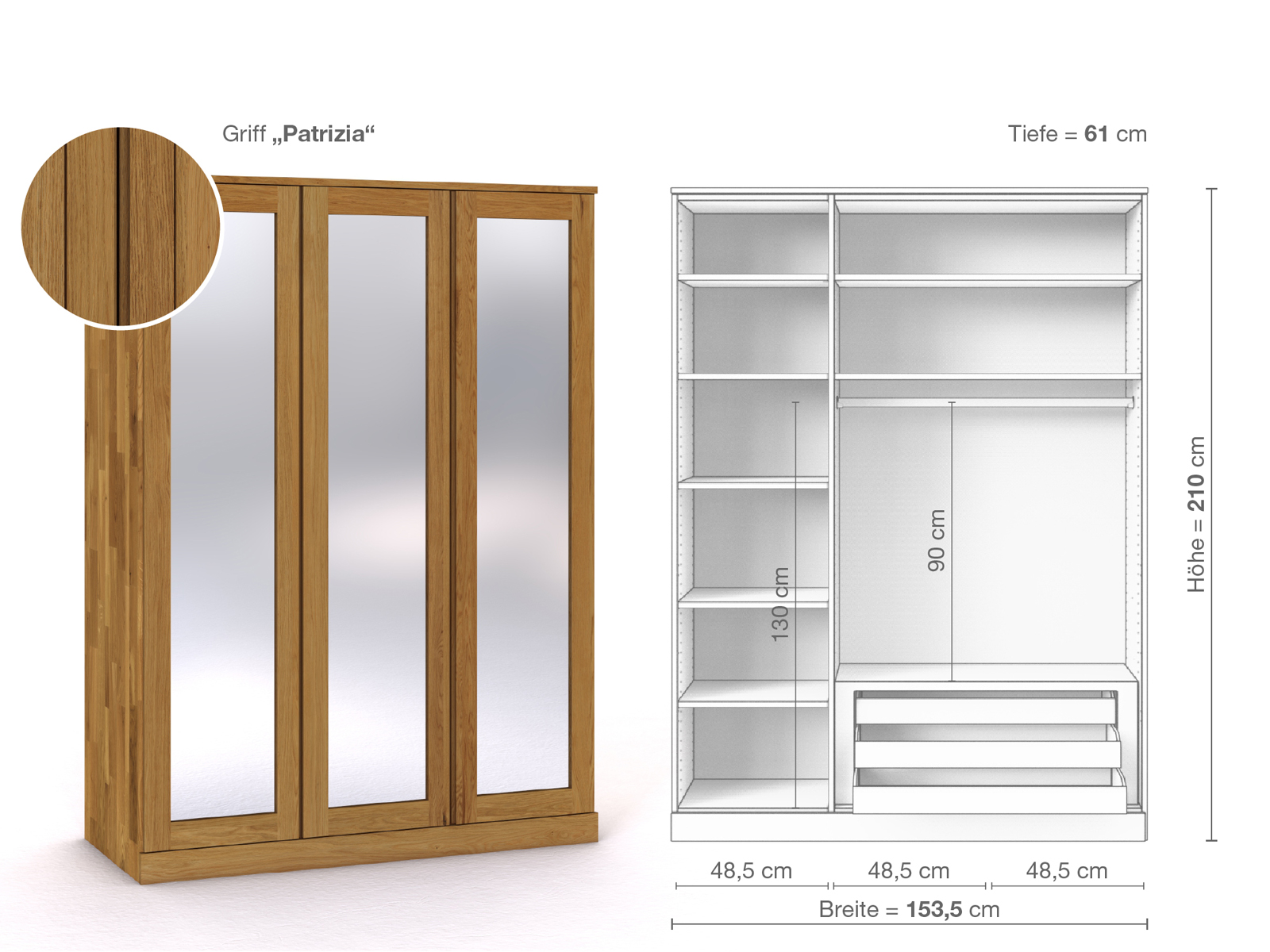 Eichenschrank „Alpenrose“, 3-türig, Höhe 210 cm, Griffausführung „Patrizia“, Inneneinrichtung D