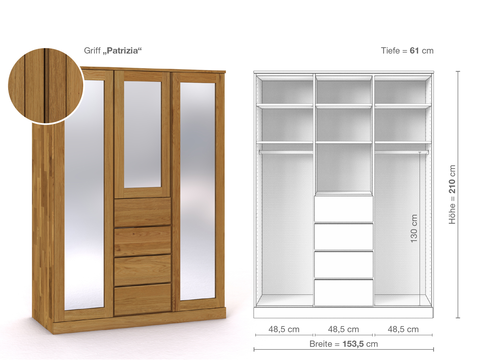 Eichenschrank „Alpenrose“, 3-türig, Höhe 210 cm, Griffausführung „Patrizia“, Inneneinrichtung E