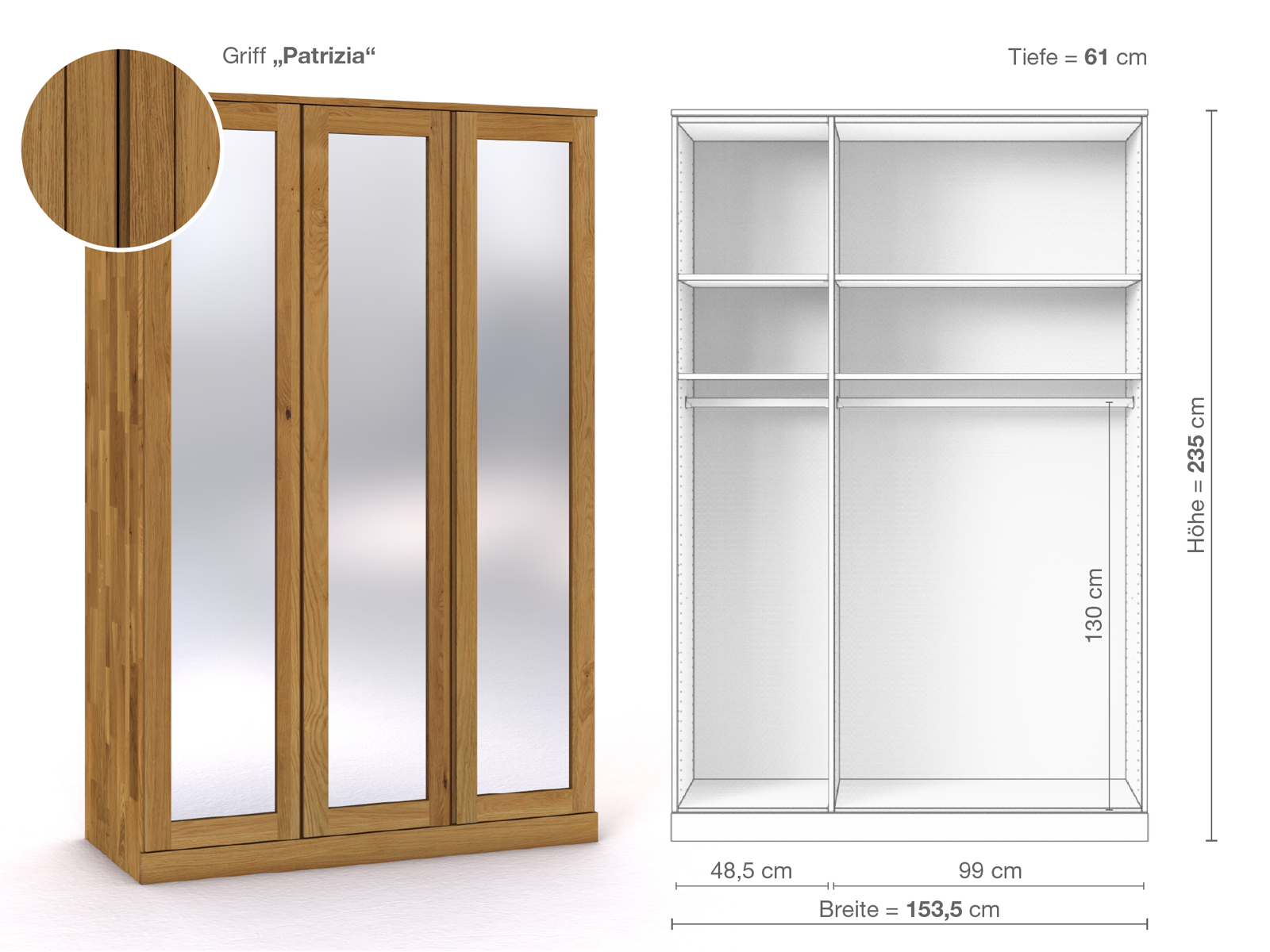 Eichenschrank „Alpenrose“, 3-türig, Höhe 235 cm, Griffausführung „Patrizia“, Inneneinrichtung A