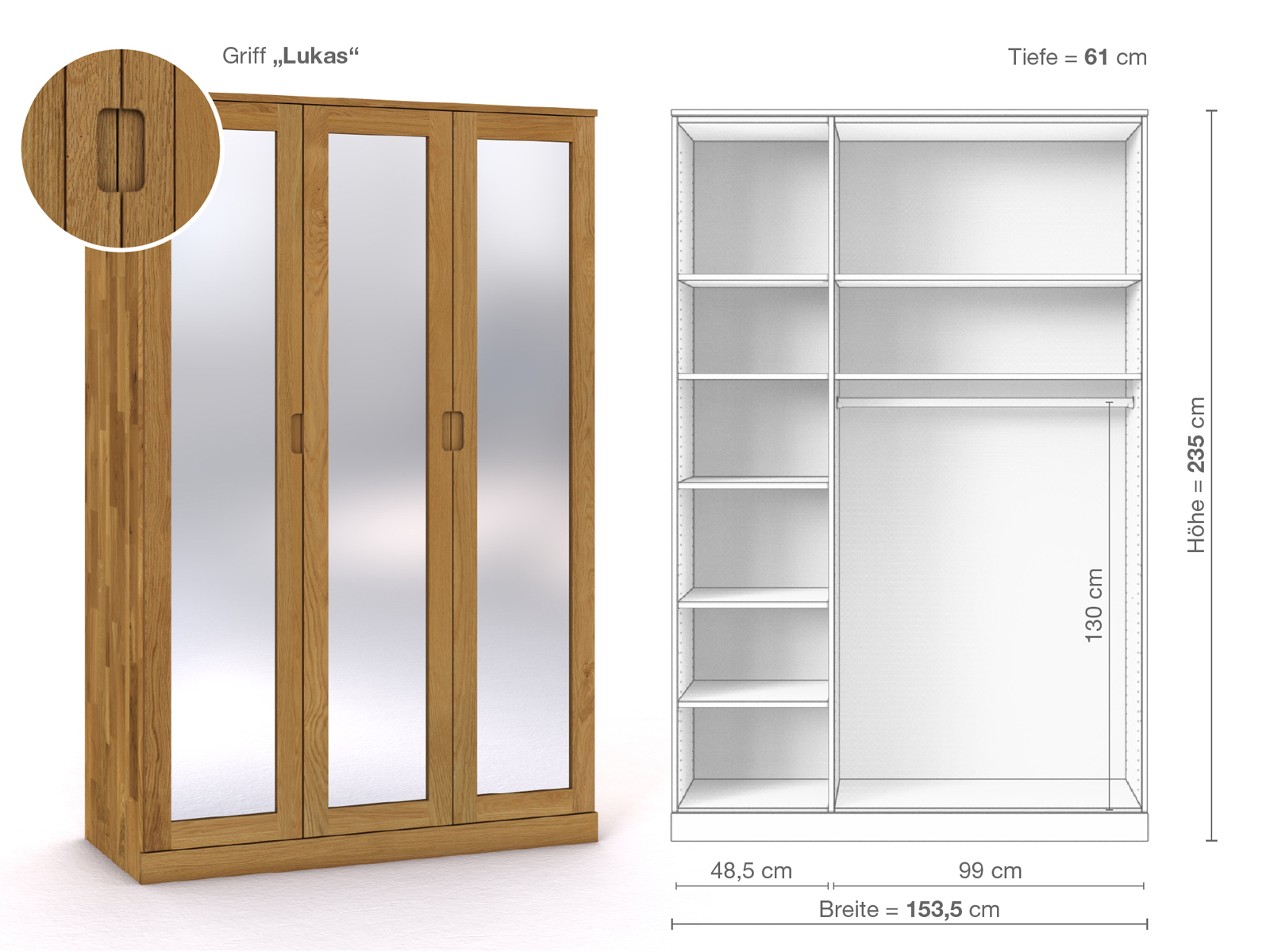 Eichenschrank „Alpenrose“, 3-türig, Höhe 235 cm, Griffausführung „Lukas“, Inneneinrichtung B