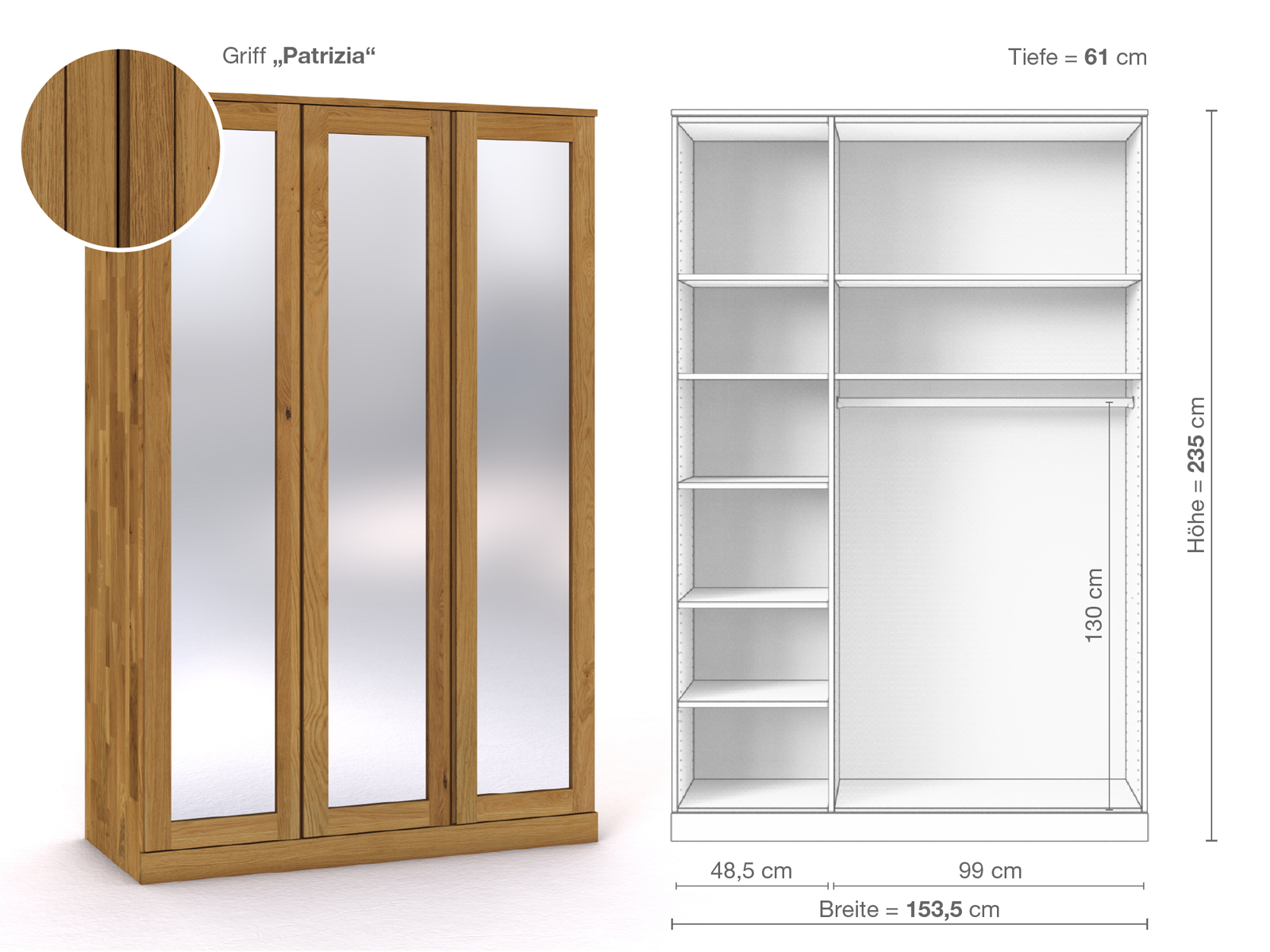 Eichenschrank „Alpenrose“, 3-türig, Höhe 235 cm, Griffausführung „Patrizia“, Inneneinrichtung B