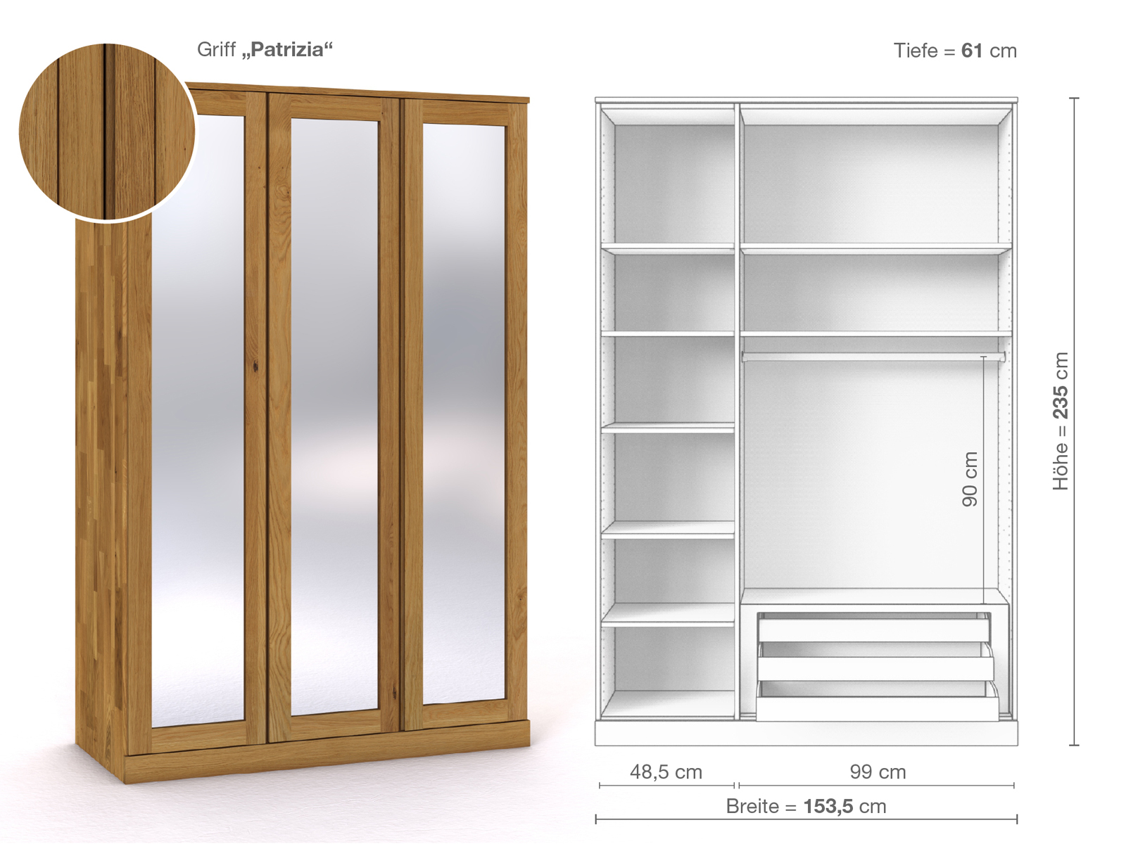 Eichenschrank „Alpenrose“, 3-türig, Höhe 235 cm, Griffausführung „Patrizia“, Inneneinrichtung C