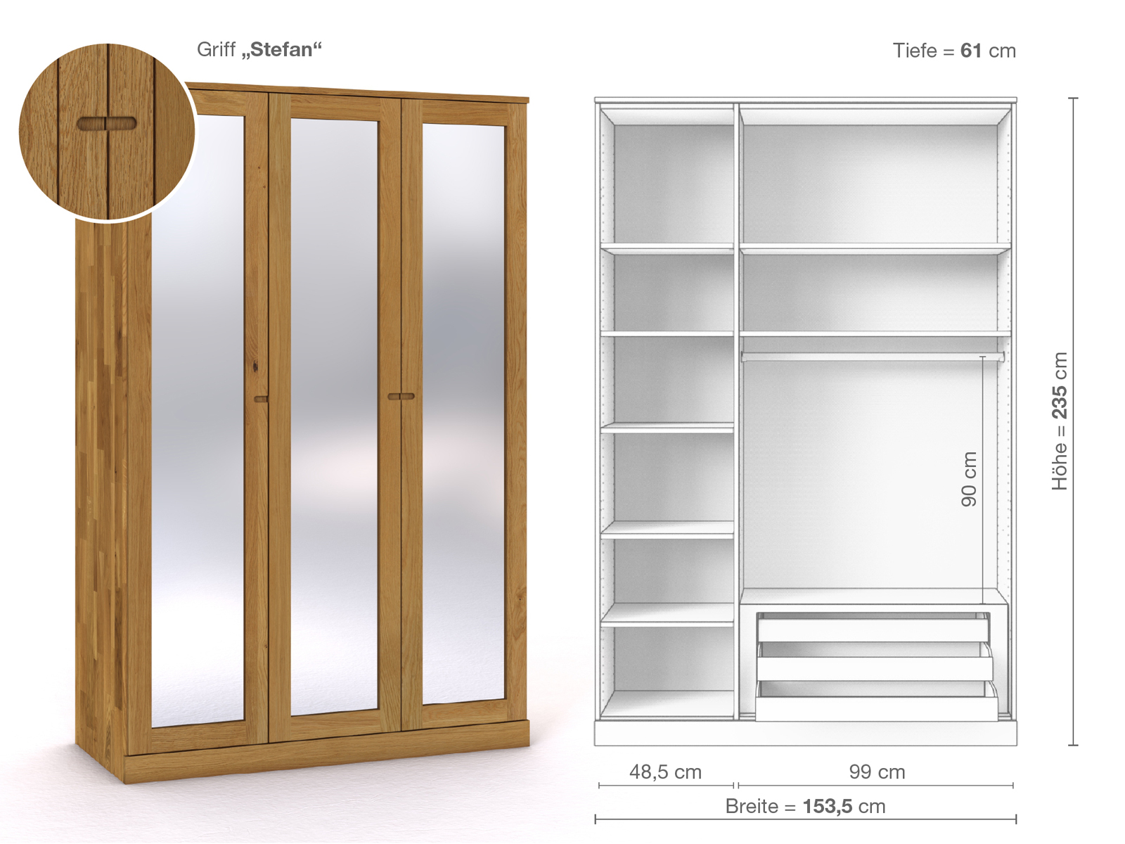 Eichenschrank „Alpenrose“, 3-türig, Höhe 235 cm, Griffausführung „Stefan“, Inneneinrichtung C