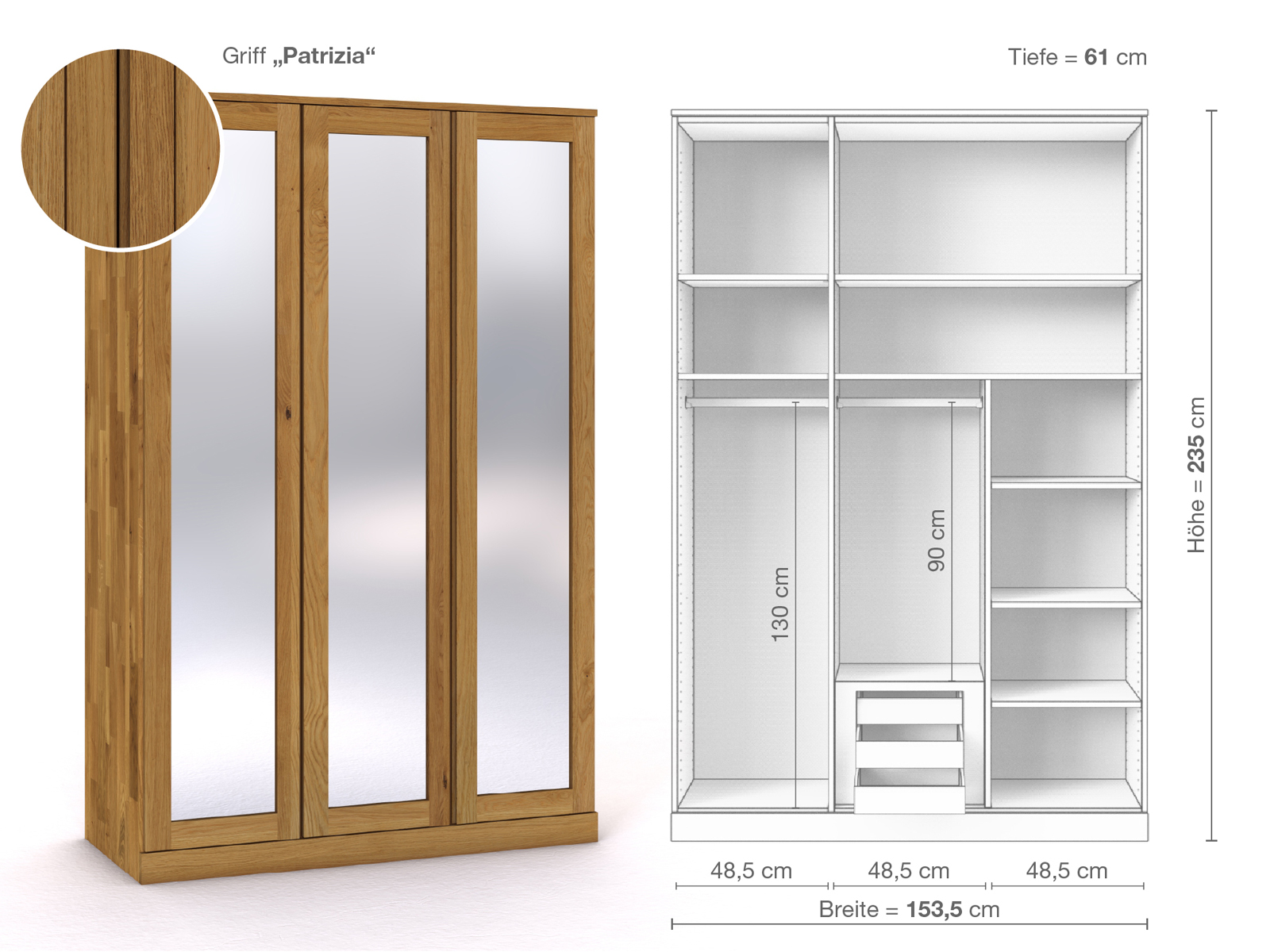 Eichenschrank „Alpenrose“, 3-türig, Höhe 235 cm, Griffausführung „Patrizia“, Inneneinrichtung D