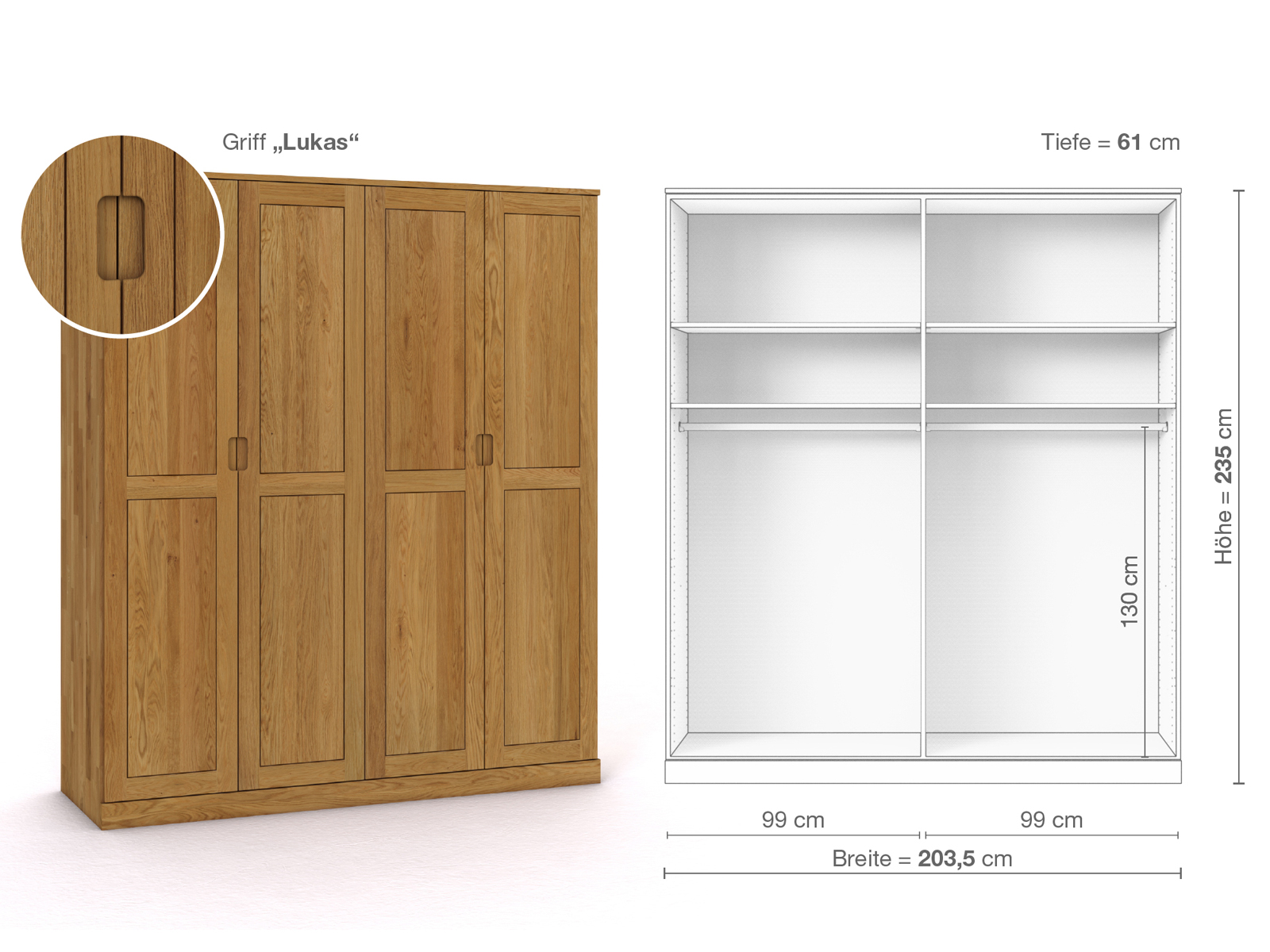 Eichenschrank „Edelweiß“, 4-türig, Höhe 235 cm, Griffausführung „Lukas“, Inneneinrichtung A