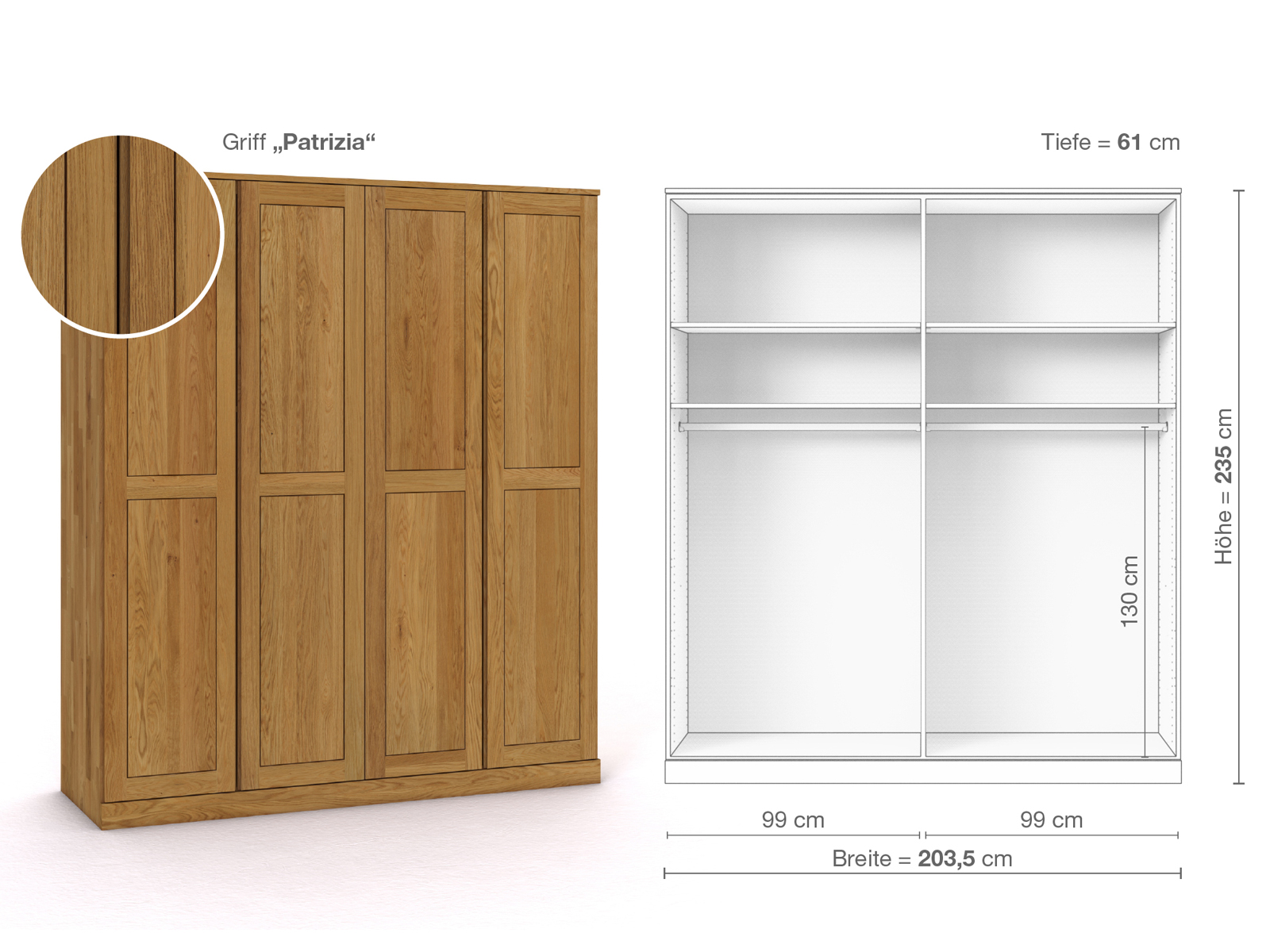 Eichenschrank „Edelweiß“, 4-türig, Höhe 235 cm, Griffausführung „Patrizia“, Inneneinrichtung A