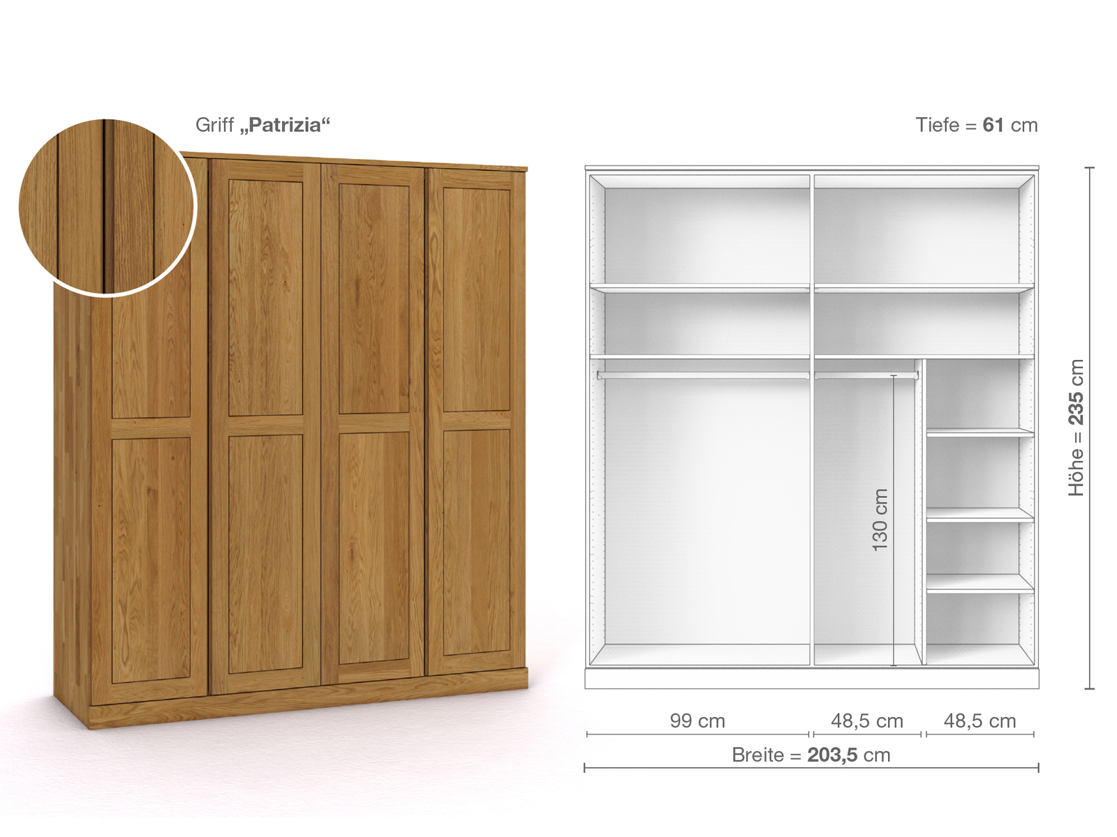 Eichenschrank „Edelweiß“, 4-türig, Höhe 235 cm, Griffausführung „Patrizia“, Inneneinrichtung B