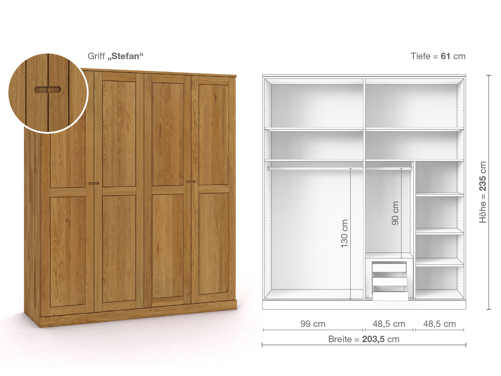 Eichenschrank „Edelweiß“, 4-türig, Höhe 235 cm, Griffausführung „Stefan“, Inneneinrichtung D