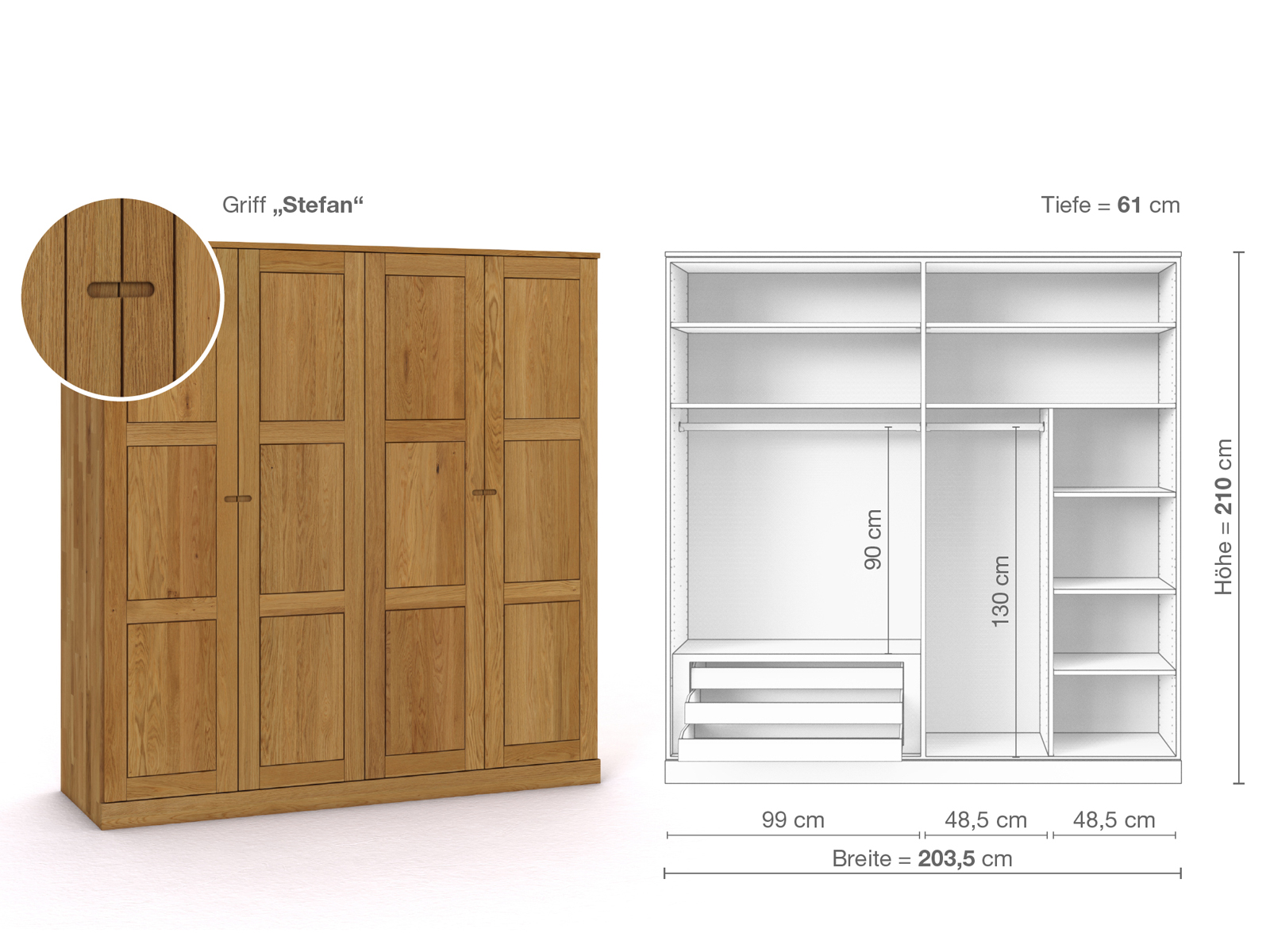 Eichenschrank „Enzian“, 4-türig, Höhe 210 cm, Griffausführung „Stefan“, Inneneinrichtung C