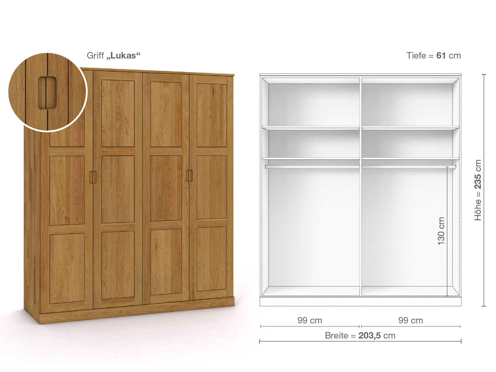 Eichenschrank „Enzian“, 4-türig, Höhe 235 cm, Griffausführung „Lukas“, Inneneinrichtung A