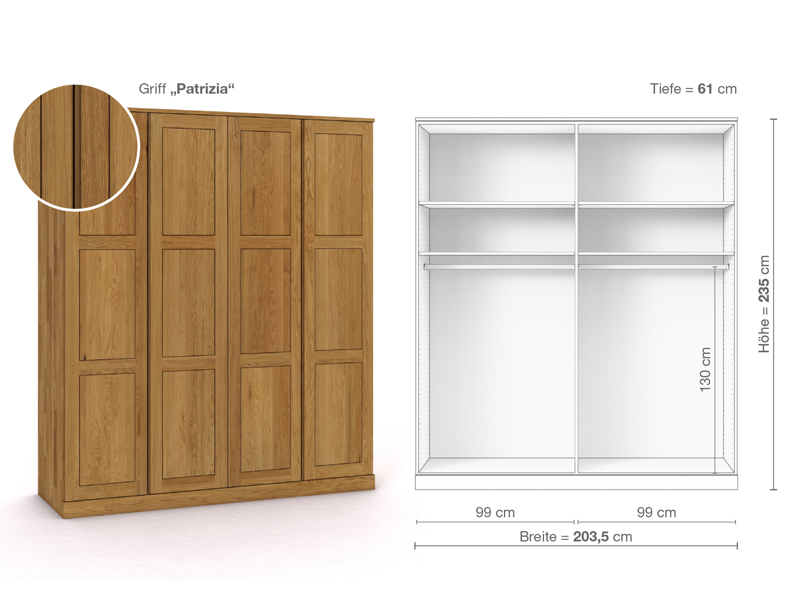 Eichenschrank „Enzian“, 4-türig, Höhe 235 cm, Griffausführung „Patrizia“, Inneneinrichtung A