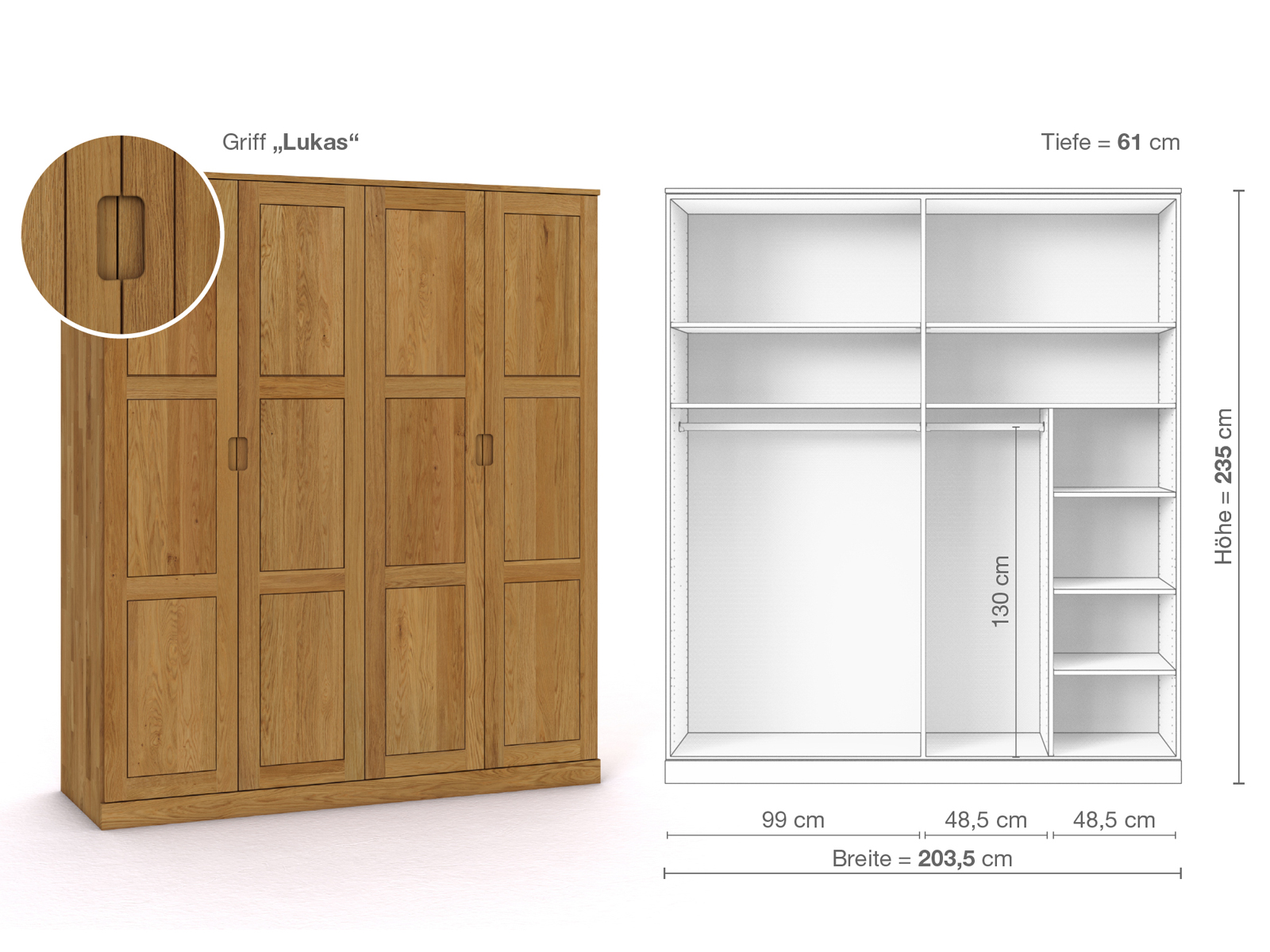 Eichenschrank „Enzian“, 4-türig, Höhe 235 cm, Griffausführung „Lukas“, Inneneinrichtung B