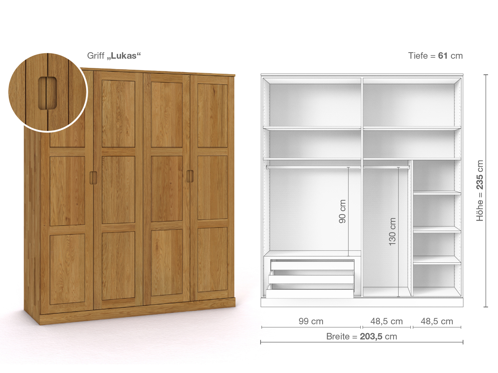 Eichenschrank „Enzian“, 4-türig, Höhe 235 cm, Griffausführung „Lukas“, Inneneinrichtung C