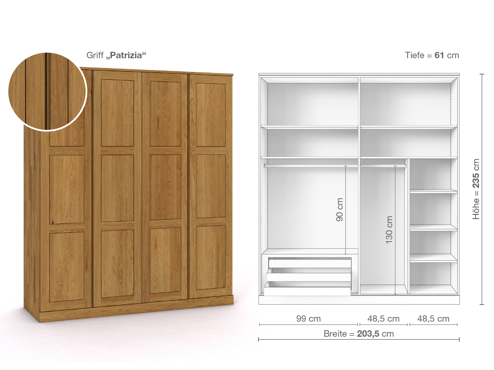 Eichenschrank „Enzian“, 4-türig, Höhe 235 cm, Griffausführung „Patrizia“, Inneneinrichtung C