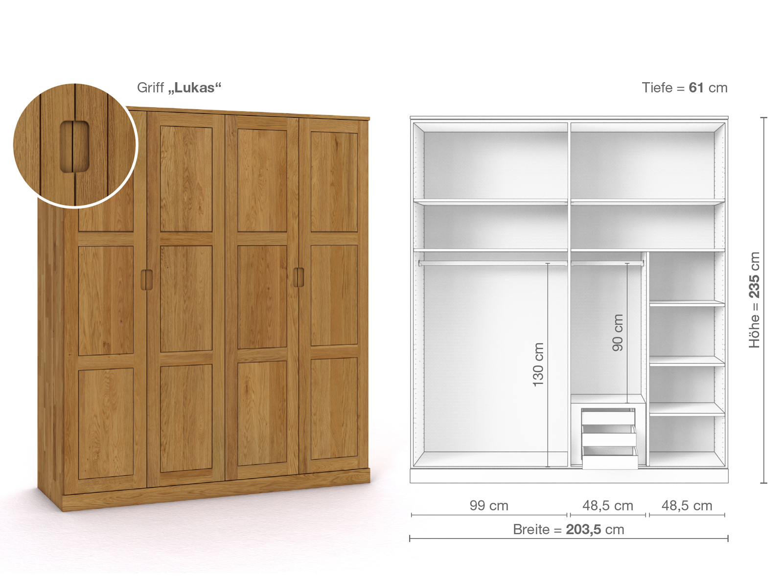 Eichenschrank „Enzian“, 4-türig, Höhe 235 cm, Griffausführung „Lukas“, Inneneinrichtung D