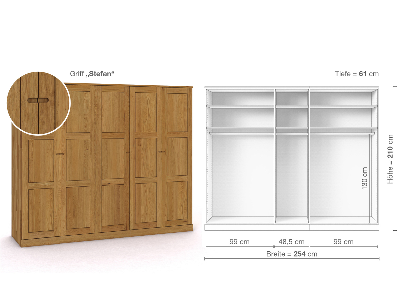 Eichenschrank „Enzian“, 5-türig, Höhe 210 cm, Griffausführung „Stefan“, Inneneinrichtung A