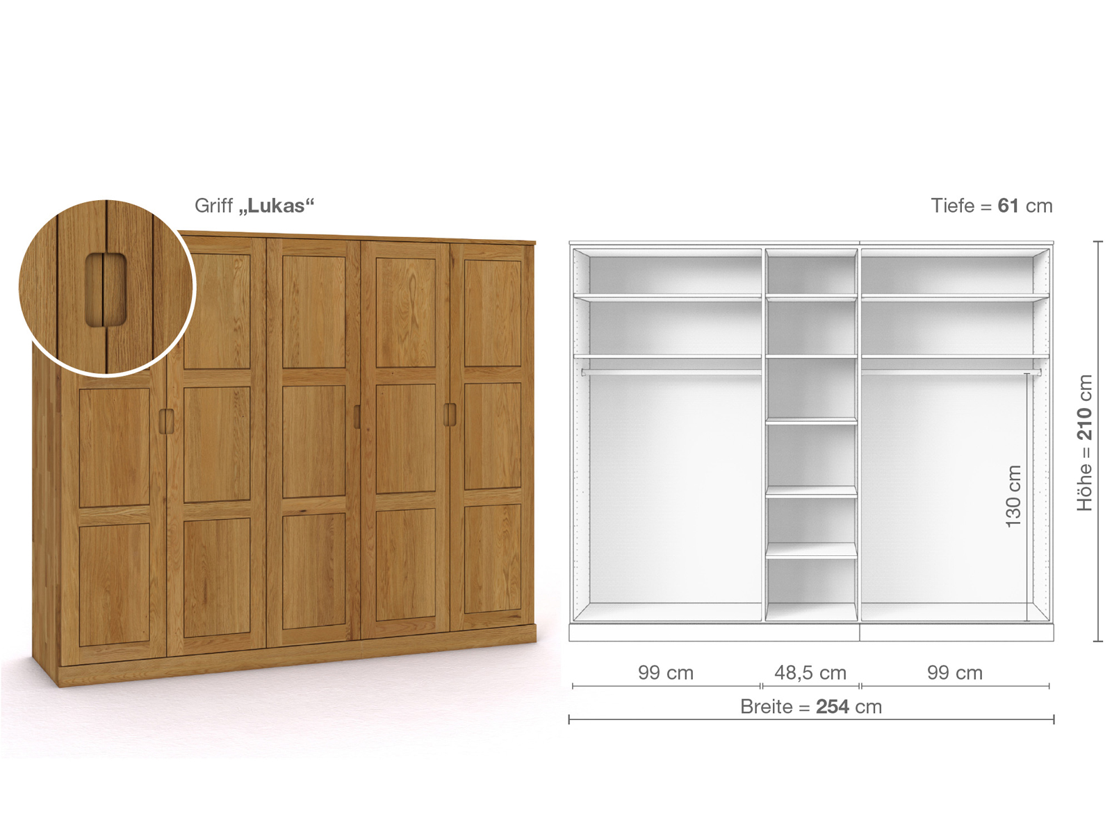 Eichenschrank „Enzian“, 5-türig, Höhe 210 cm, Griffausführung „Lukas“, Inneneinrichtung B