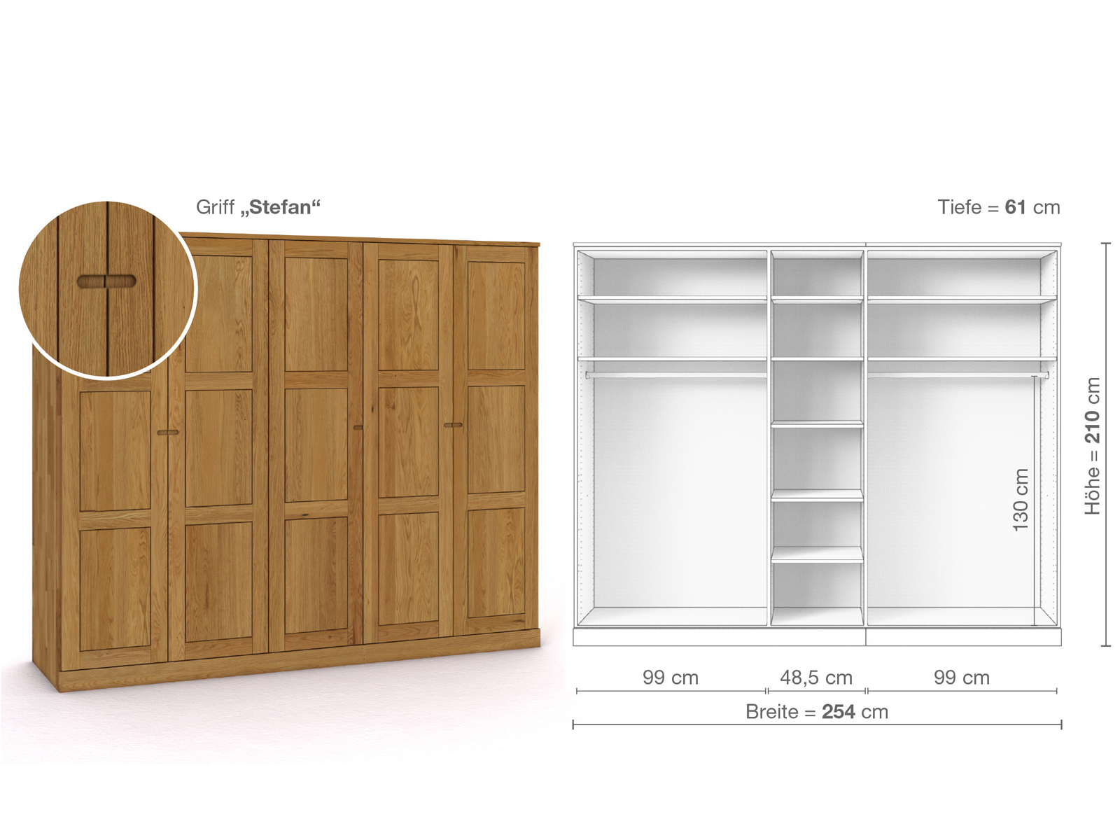 Eichenschrank „Enzian“, 5-türig, Höhe 210 cm, Griffausführung „Stefan“, Inneneinrichtung B